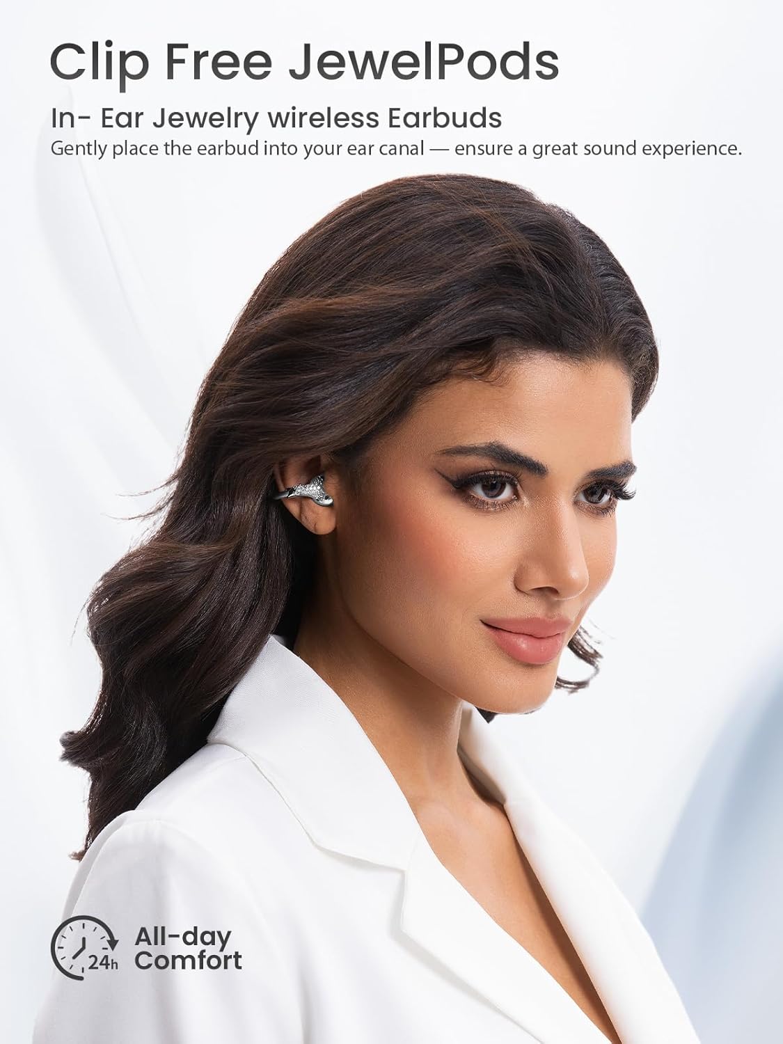 JewelPods C3 Wireless Earbuds, Jeweled Open-Ear Bluetooth Headphones for All-Day Comfort, Ultra-Light Memory Wire Clip-On, 60H Playtime, Sweat & Water Resistant, Premium Sound, White Gold