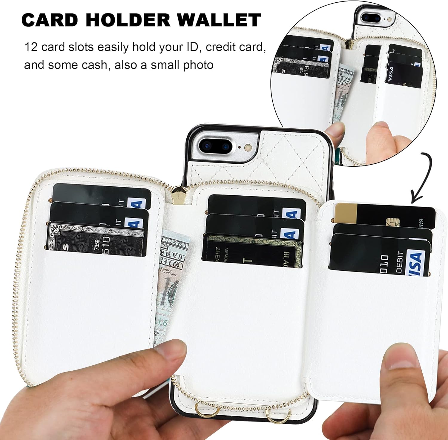 Bocasal Crossbody Wallet Case for iPhone 7/8 Plus, RFID Blocking PU Leather Zipper Handbag Purse Flip Cover, Kickstand Folio Case with Card Slots Holder Wrist Strap Lanyard 5.5 Inch (White)