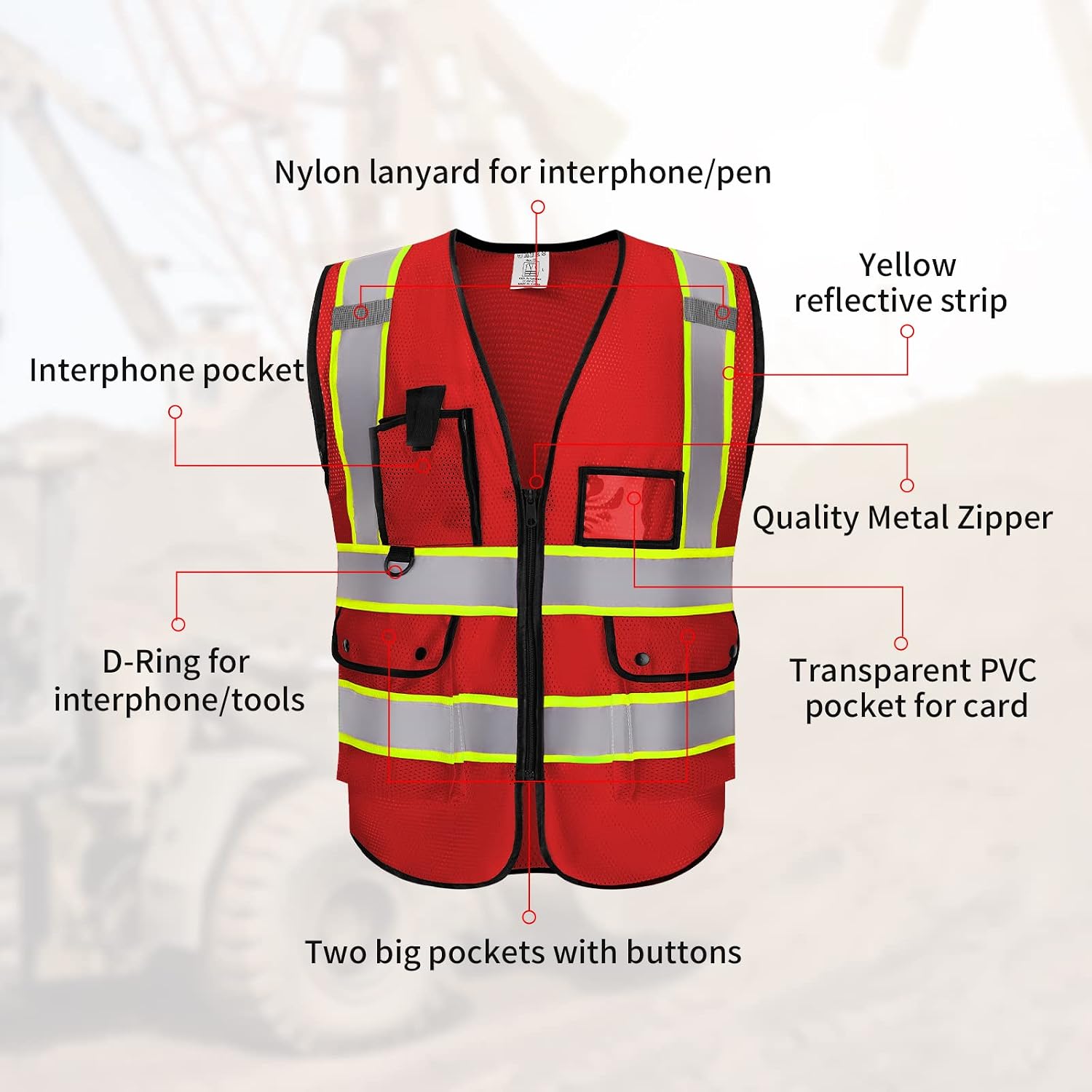 Custom Logo Safety Vest Customize Class 2 ANSI Standard Visibility Reflective Vests Bulk with Pockets and Zipper