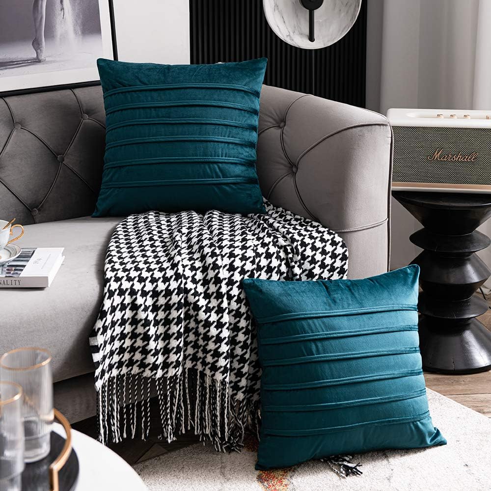 DEZENE 16x16 Teal Throw Pillow Cases: 2 Pack Cozy Soft Striped Velvet Square Decorative Pillow Covers for Couch
