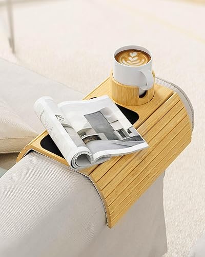 Miniatura 8 de Soporte para tazas de sofá, bandeja de brazo de sofá de bambú con soporte giratorio de 360, mesa de brazo plegable antideslizante para sofá, bandeja