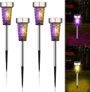 4 Pcs Solar Bug Zapper Outdoor,Purple and Warm Lights,Small Black | Mosquito Repellent, Solar Powered, High Voltage Electric, Waterproof, Fly Insect Killer, LED Lamp, for Patio Yard Garden