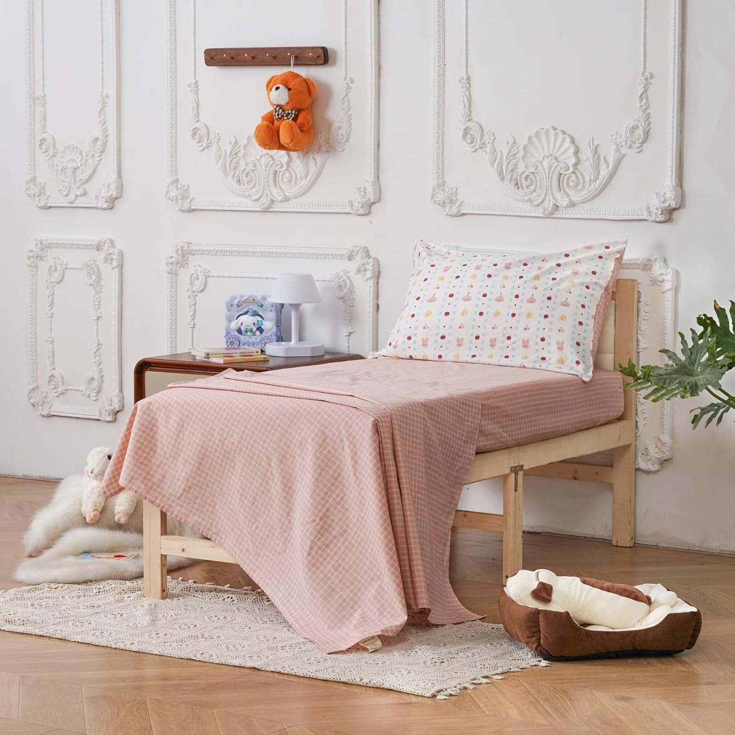 Wellboo 4Pieces Cotton Toddler Bedding Set for Kids Boys Girls Pink Rabbit 100% Cotton Toddler Bedding Cherries and Cake Soft Crib Comforter Includes Flat Sheet, Fitted Sheet and Pillowcase