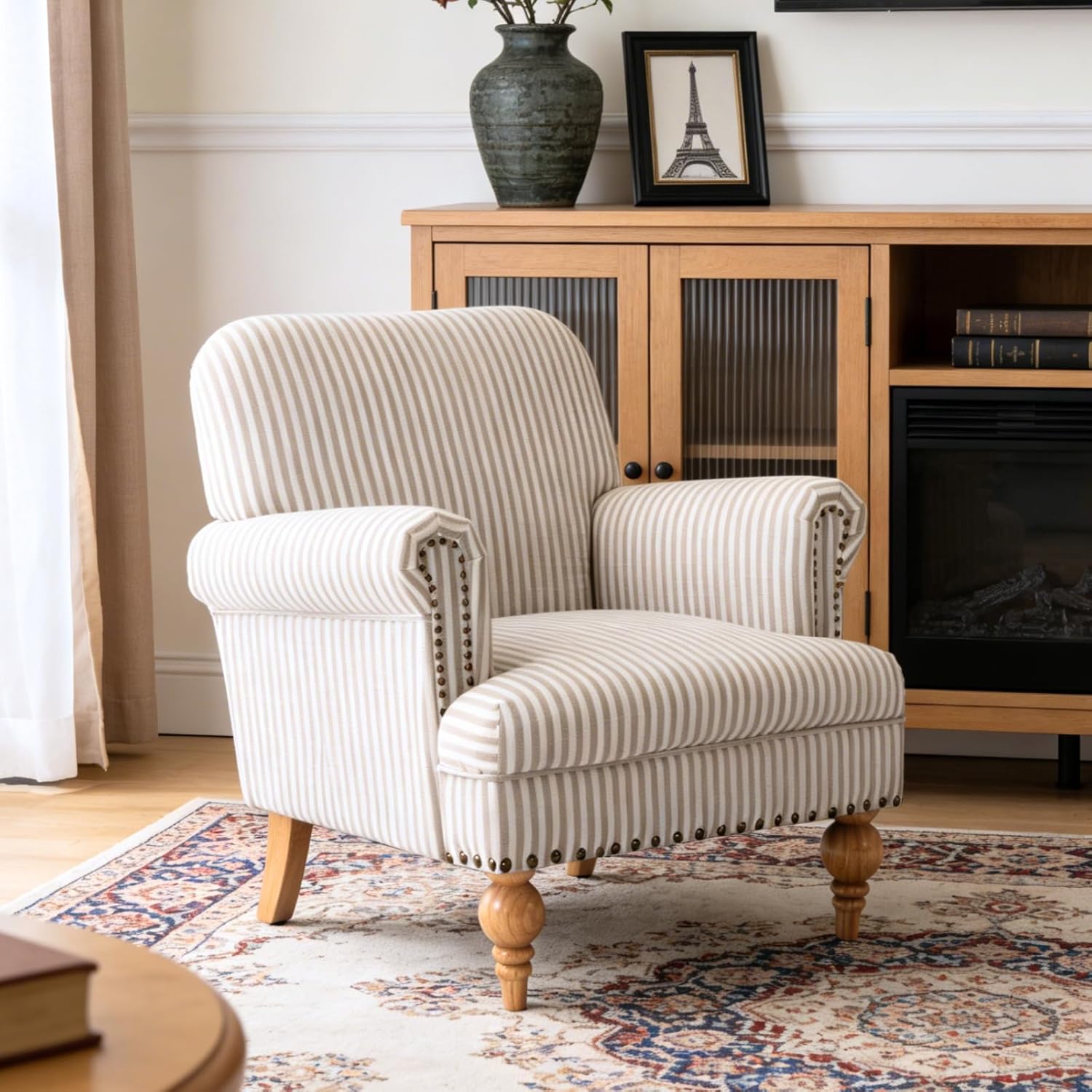 Khaki Striped Linen Fabric Accent Chair, Modern Farmhouse Upholstered Armchair with Nailhead Trim & Ball Turned Wood Legs, Cottage Club Chair for Living Room Bedroom Guest Room