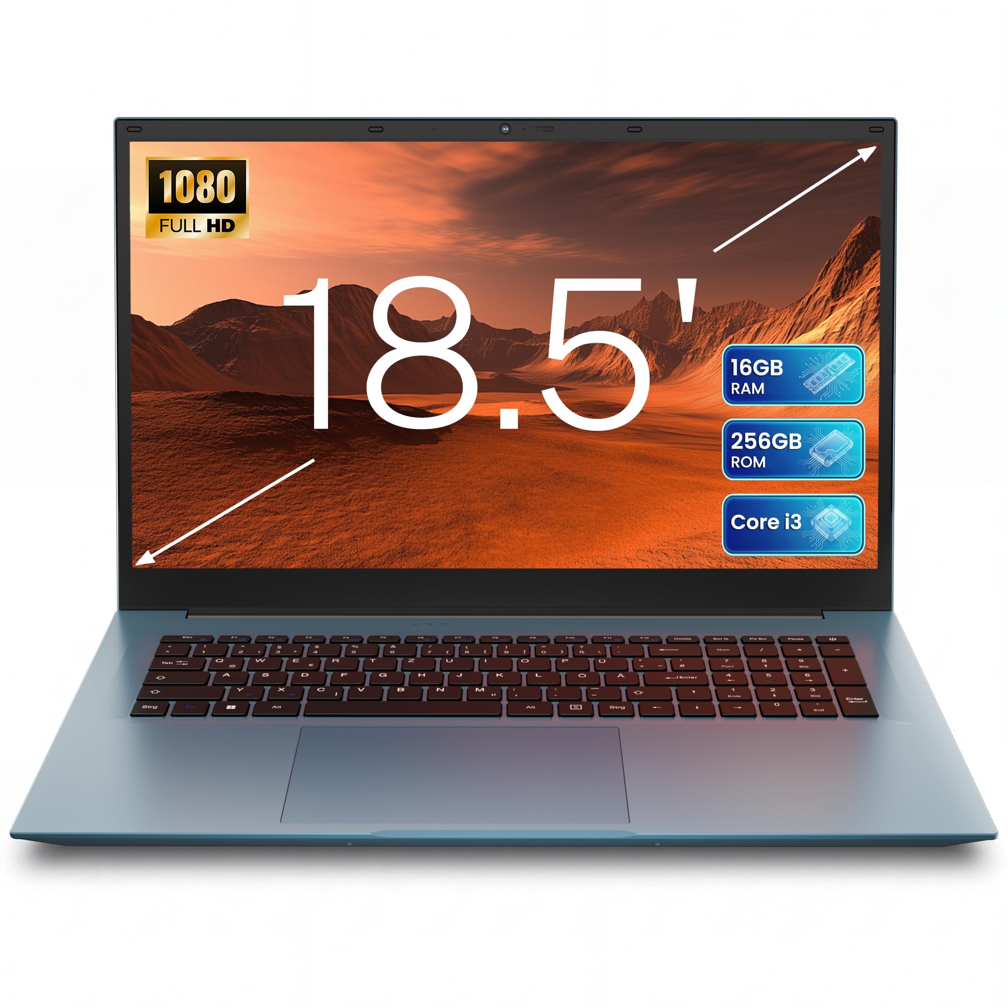 Liuord Laptop 18,5 Zoll FHD Display, 16GB RAM 256GB SSD AI-Unterstützung, Core I3, WiFi 6, Vollfunktions Type-C, Deutsche Tastatur Ideal für Studium, Homeoffice und Business