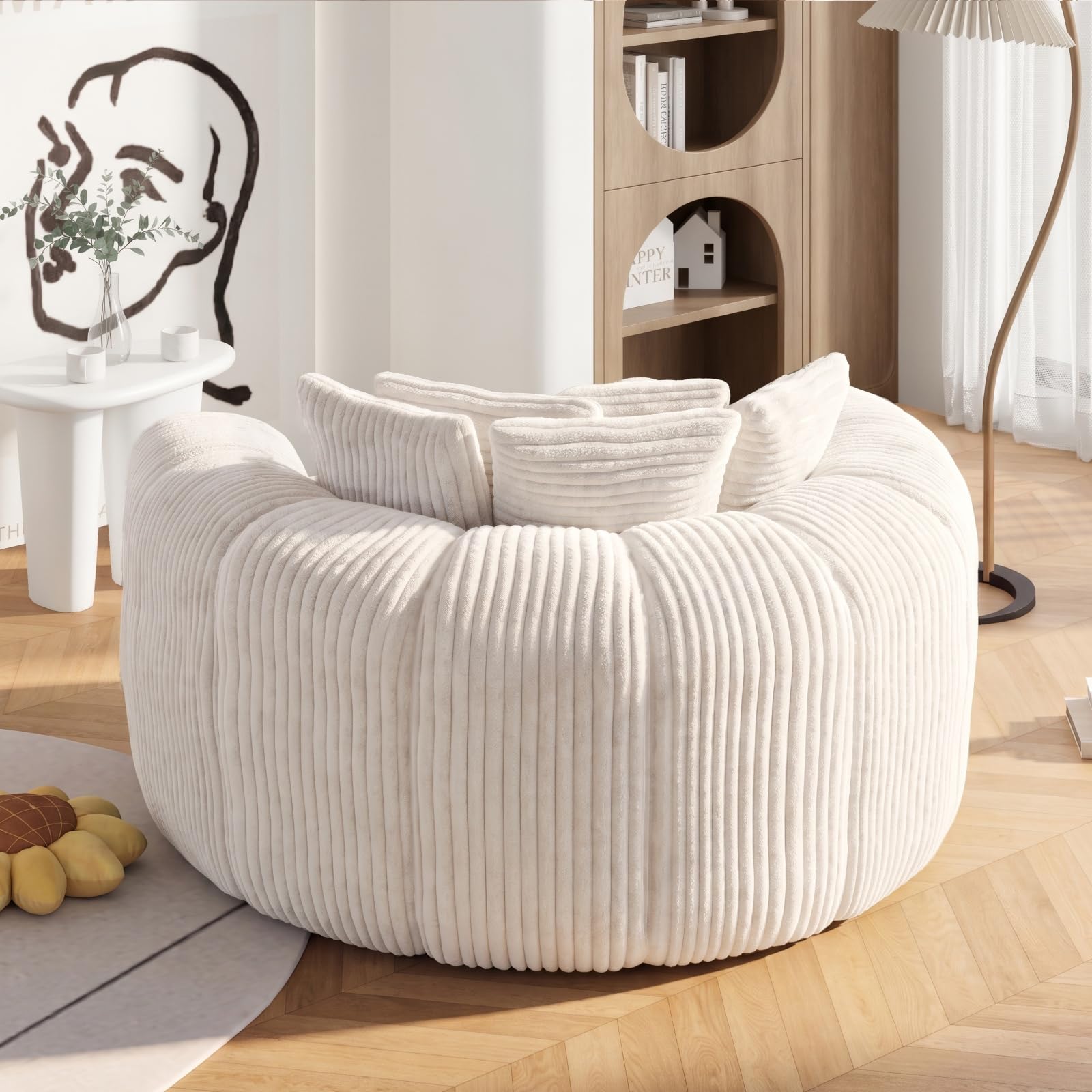 Sweiko Żebrowana okrągła aksamitna sofa z podłokietnikami i 5 poduszkami