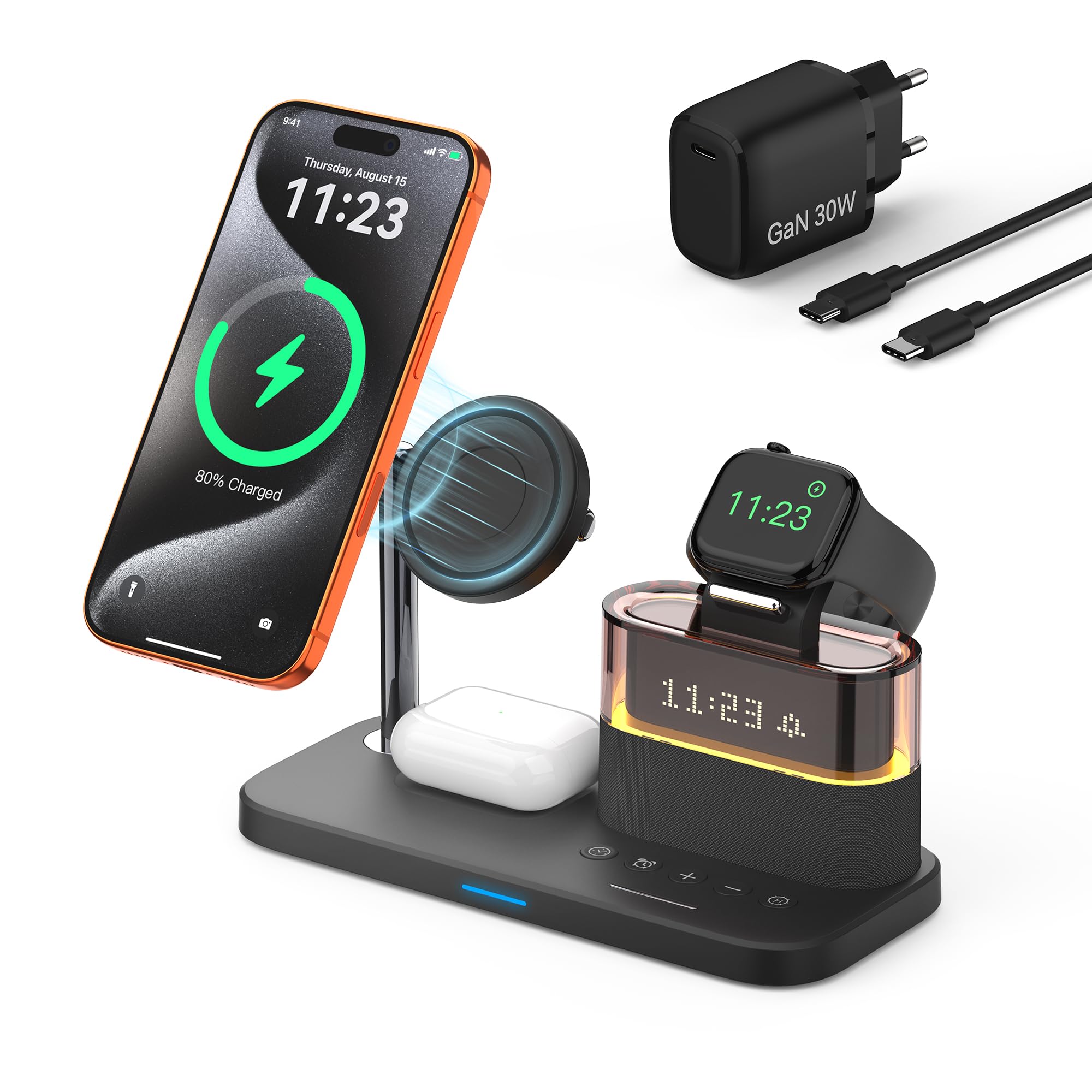 Qi2 - Stazione di ricarica 3 in 1 per iPhone 16/15/14/13/12 serie m. sveglia e luce RGB, supporto di ricarica magnetico con adattatore PD 30 W, caricatore rapido da 15 W per iWatch/Apple Earbuds (nero