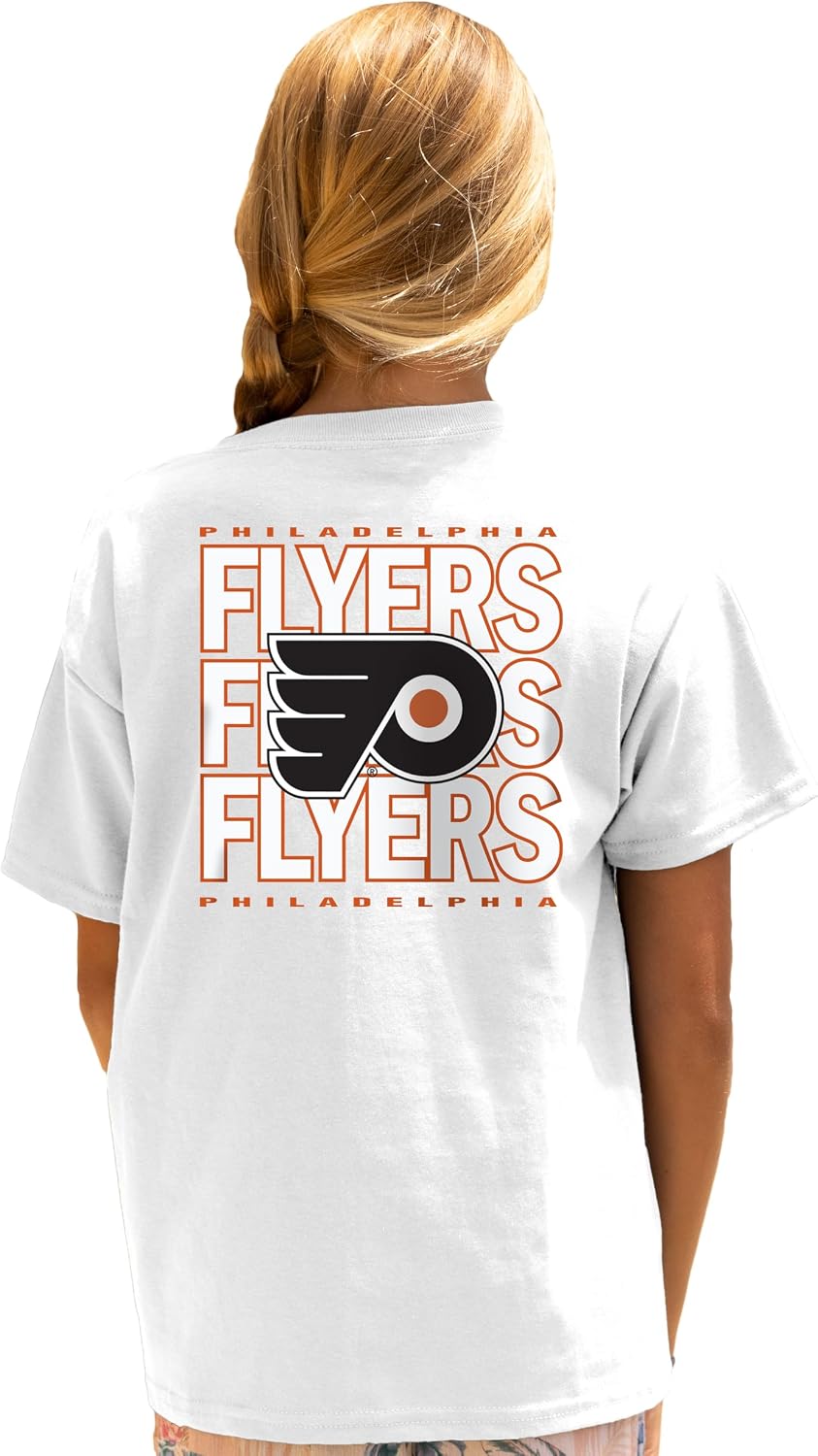 Blue 84 Unisex Kid's NHL Officially Licensed Youth T-Shirt Front/Back Curl White