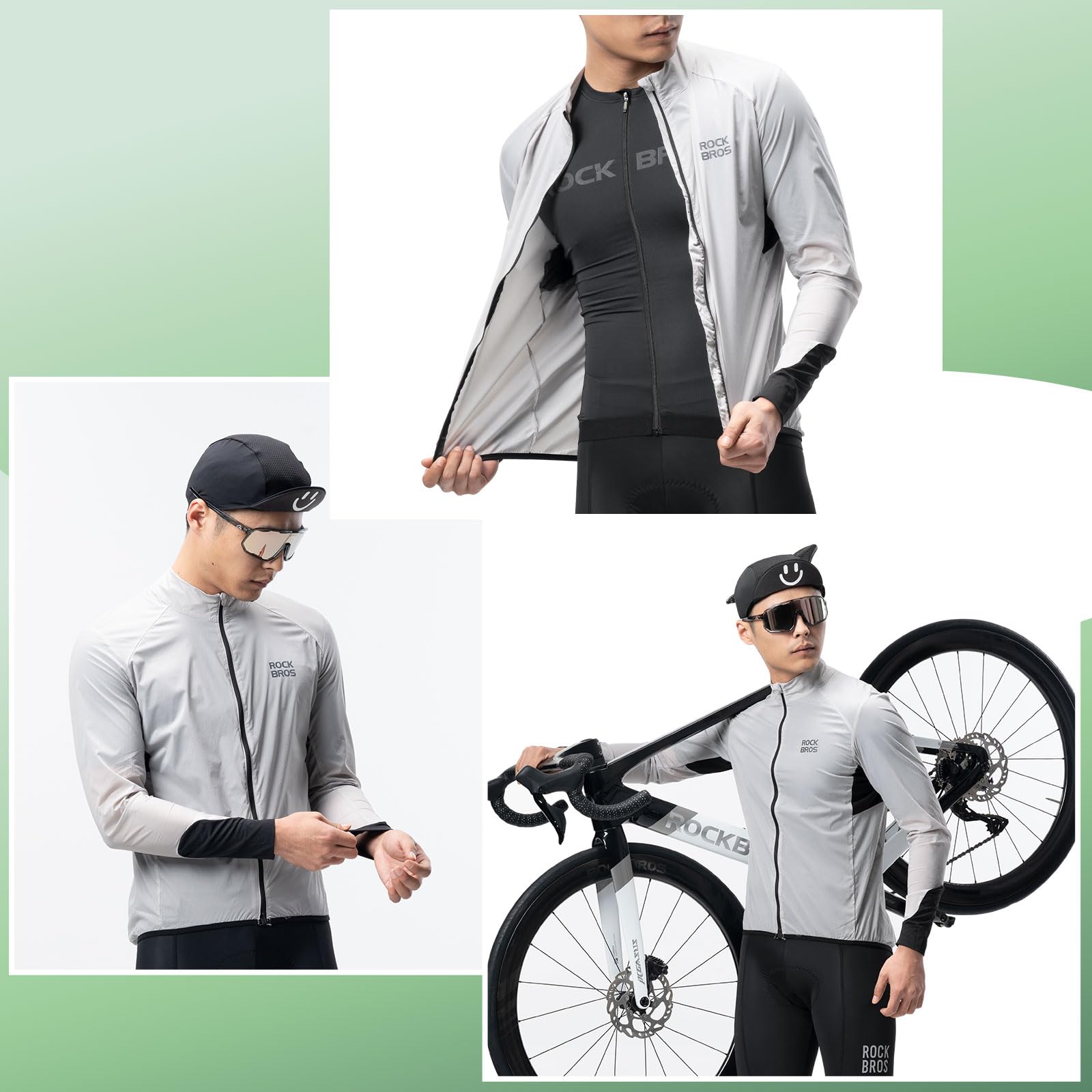 ROCKBROS Chaqueta Cortavientos Ciclismo para Hombre, Ropa Deportiva Transpirable Ligera con Bolsillos para Senderismo Exteriores al Aire Libre, Gris