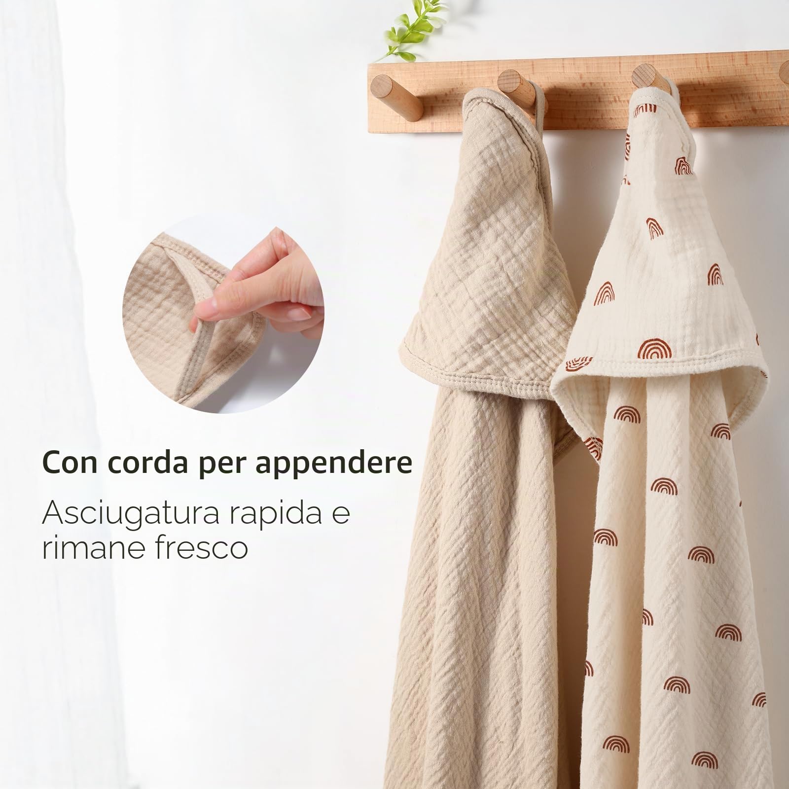 Asciugamani con Cappuccio per Bambini, Asciugamano Neonato in Mussola di Cotone, Asciugamano Morbido e Assorbente con Cappuccio per Bambini da 0 a 18 mesi, 76 x 76 cm, 2 Pezzi (Arcobaleno)