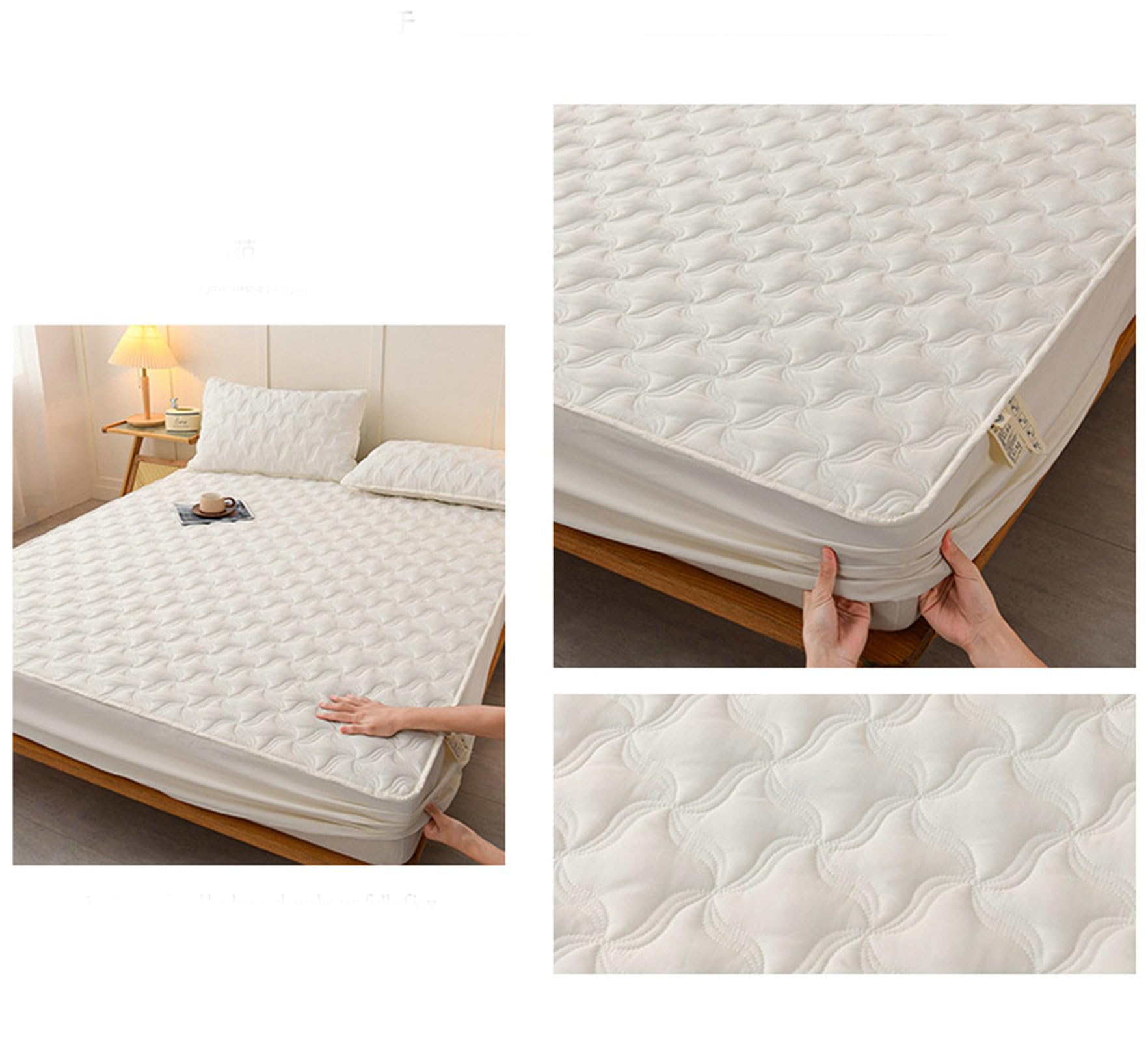 Lenzuolo con Angoli 180 200, Lenzuolo Con Angoli con 2 Federe in Cotone lavato Motivo geometrico Morbido e Lavabile in Lavatrice, Beige Bianco, 180 x 200cm + 30cm