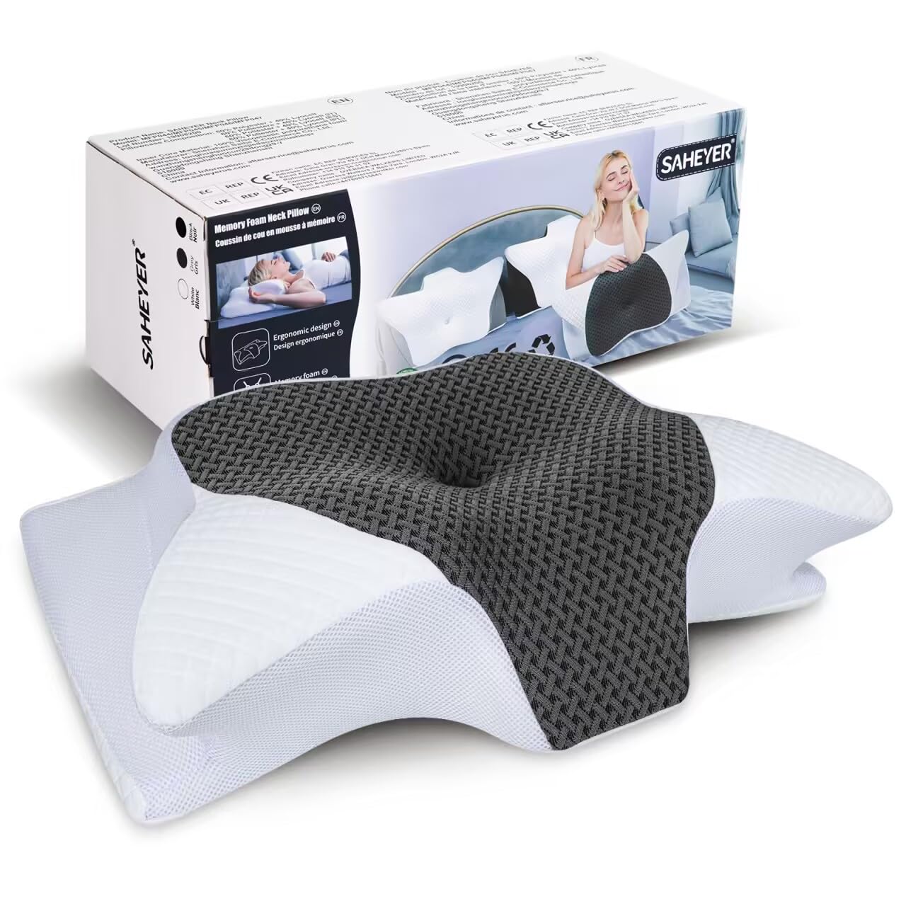 SAHEYER Cuscino Cervicale ergonomico per dormire, cuscini per chi dorme di lato in memory foam cuscino ortopedico cervicale per il sostegno del collo Migliora la qualità del sonno 70 x 40 x 15/12 cm