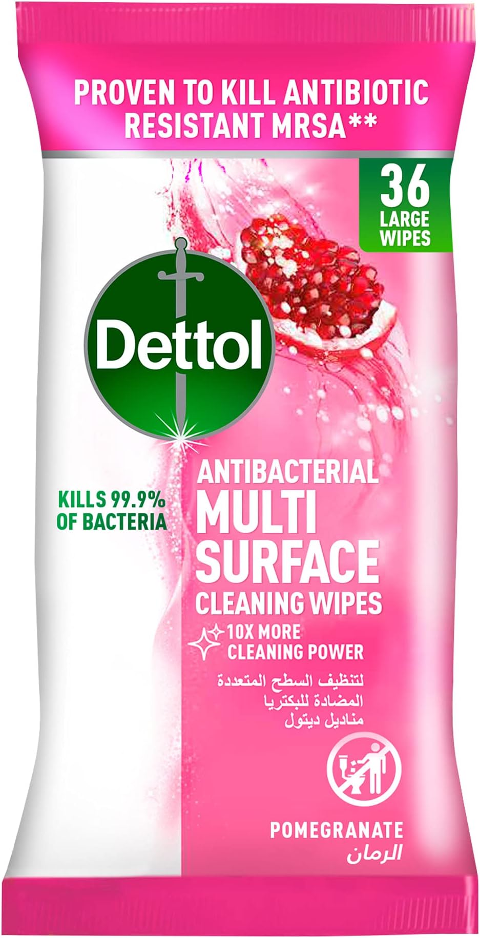 Dettol Pomegranate Antibacterial Multi Surface Cleaning Wipes for effective Germ Protection & Personal Hygiene (Kills 99.9% of Bacteria), 36 Large Wipes