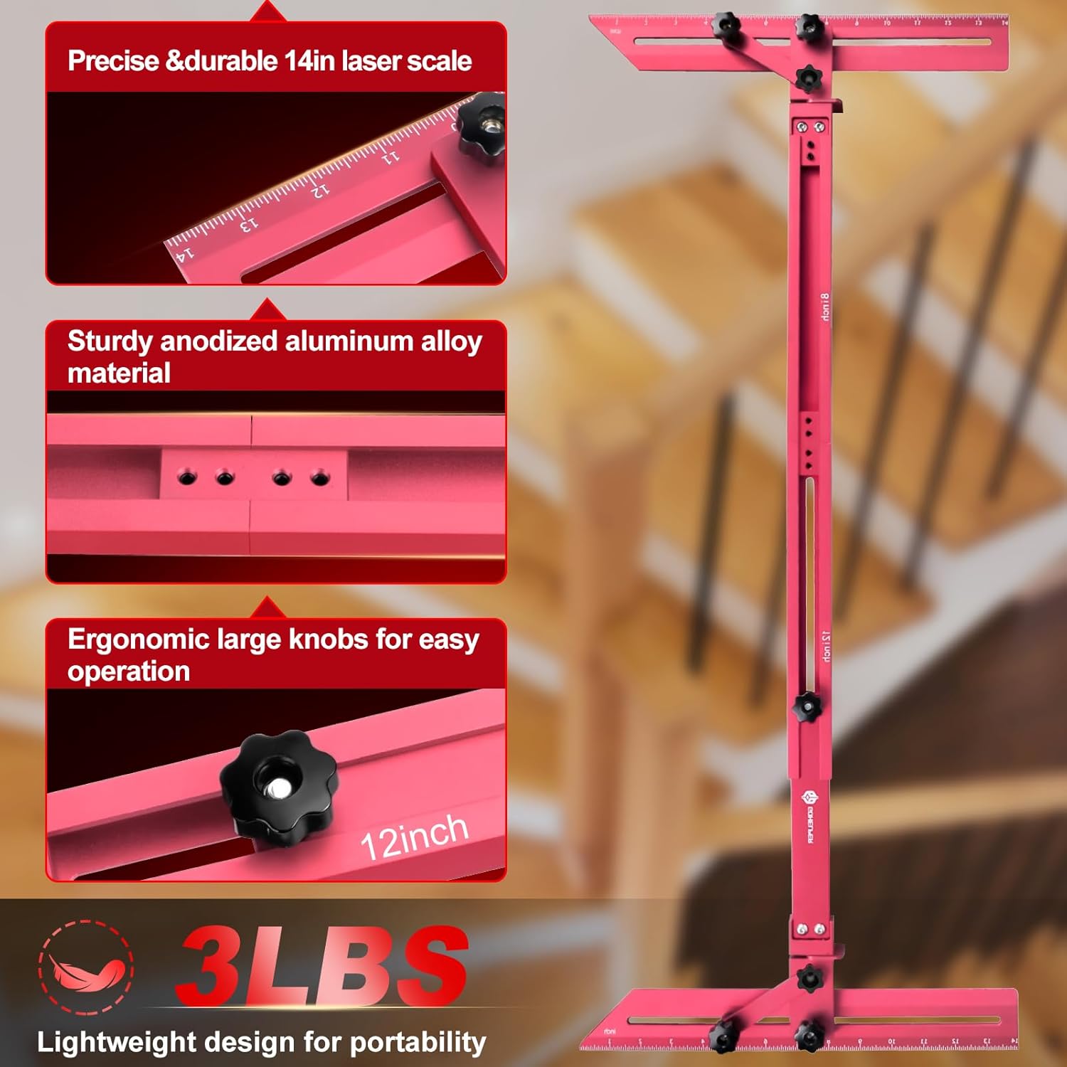 Stair Tread Template Tool, Stair Tread Gauge Measuring Tool Jig with Track, Angled Brace, Flip-Stop, Adjustable Length 16.7" to 62.6" Compatible with Many Types of Layout Projects