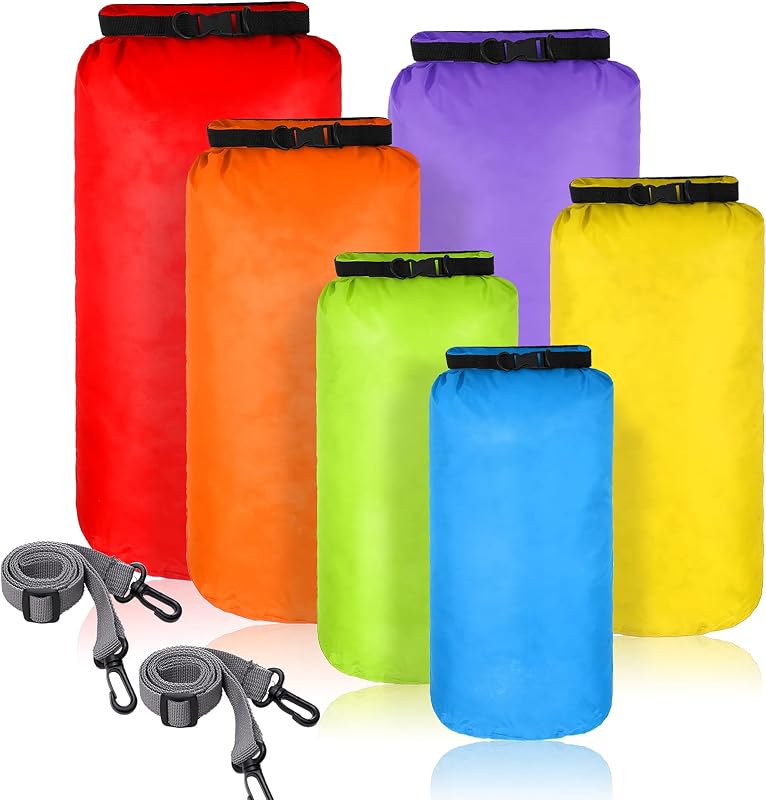 6 Pcs Waterproof Dry Bag Set Ultralight Stuff Sack 20/15/10/8/5/3L Backpacking Bag with Long Adjustable Strap Outdoor Keep Gear Dry Sack for Camping Kayaking Boating Hiking Travel