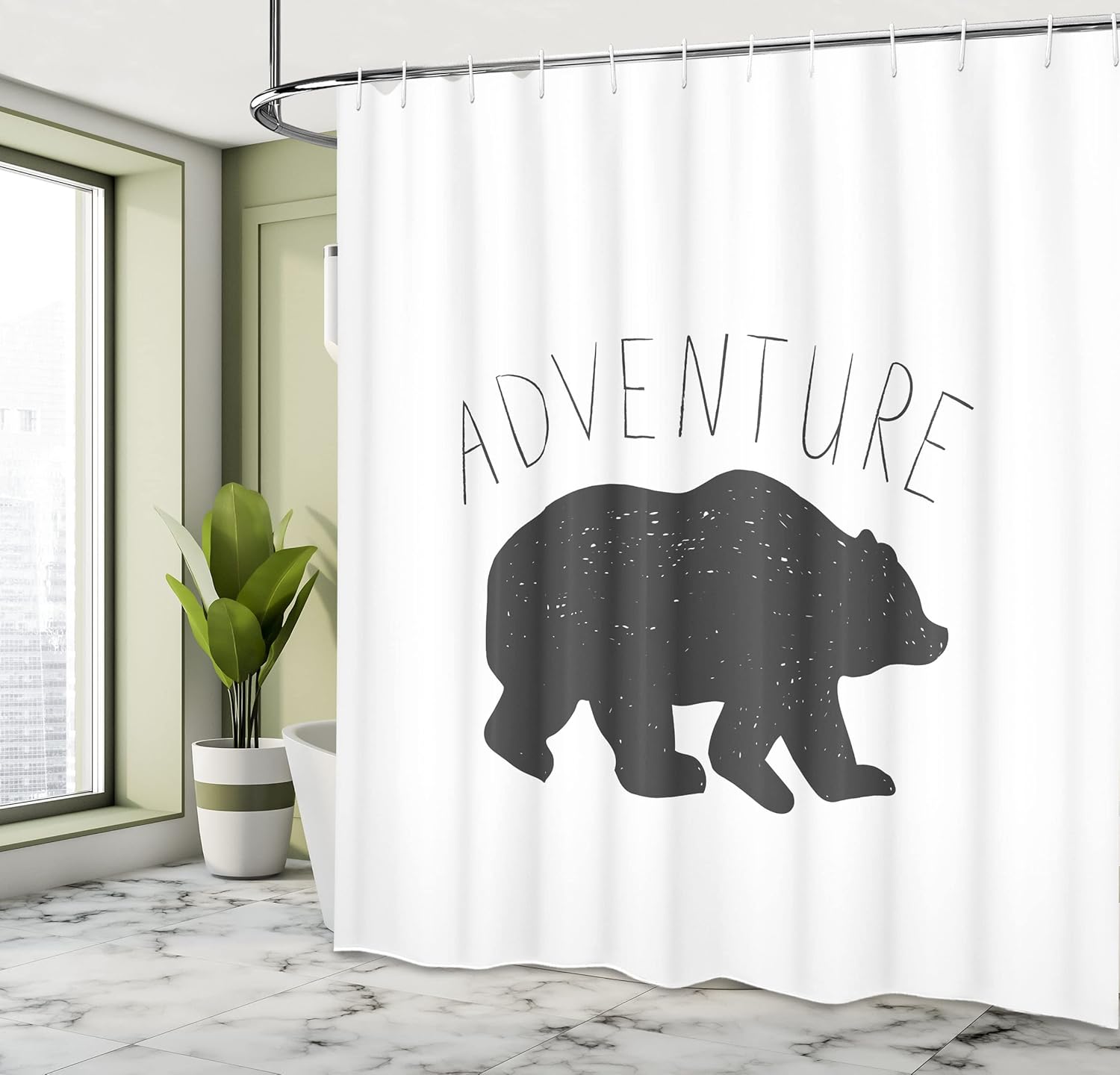 Ambesonne Adventure Shower Curtain, Black Silhouette of a Wild Bear Zoo Animal Nature Passion Hipster Design, Cloth Fabric Bathroom Decor Set with Hooks, 69" W x 70" L, Charcoal Grey White