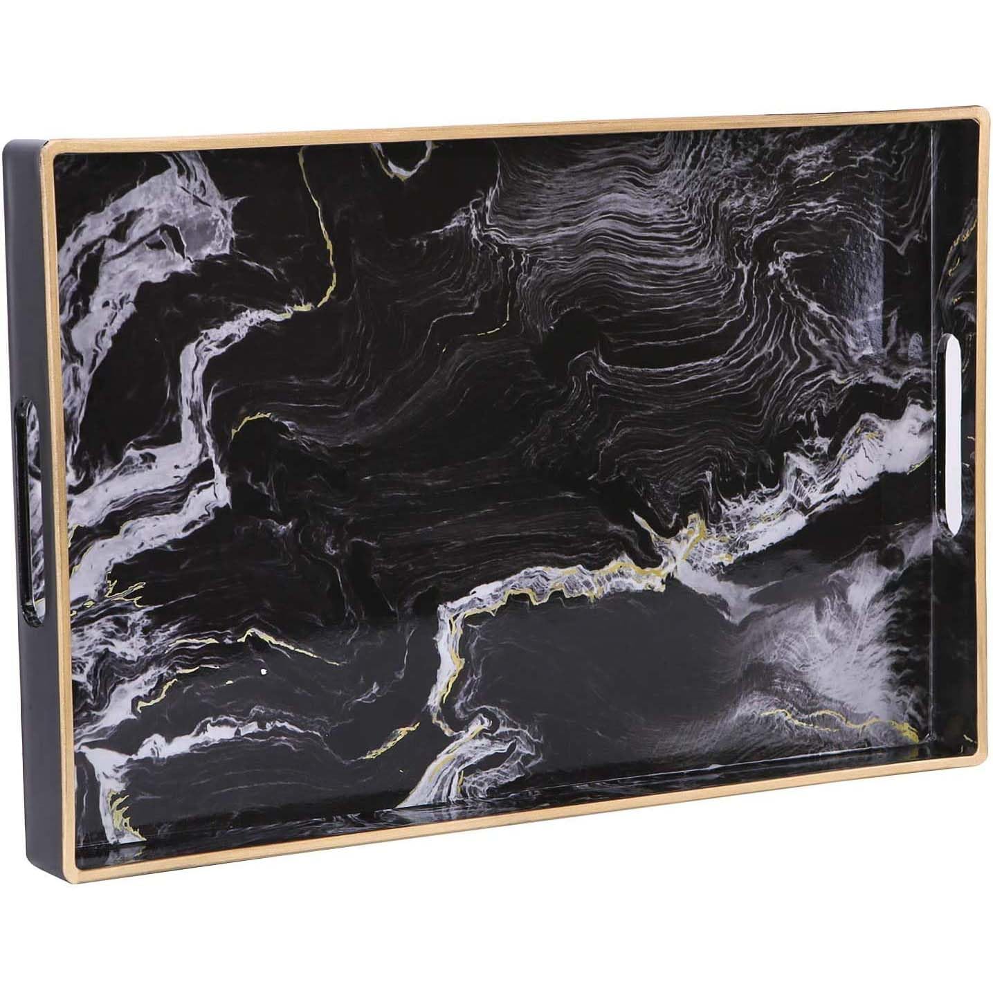Simmer Stone Decorative Tray, Marbling Plastic With Handles, Rectangular Vanity And Serving for Bathroom Kitchen