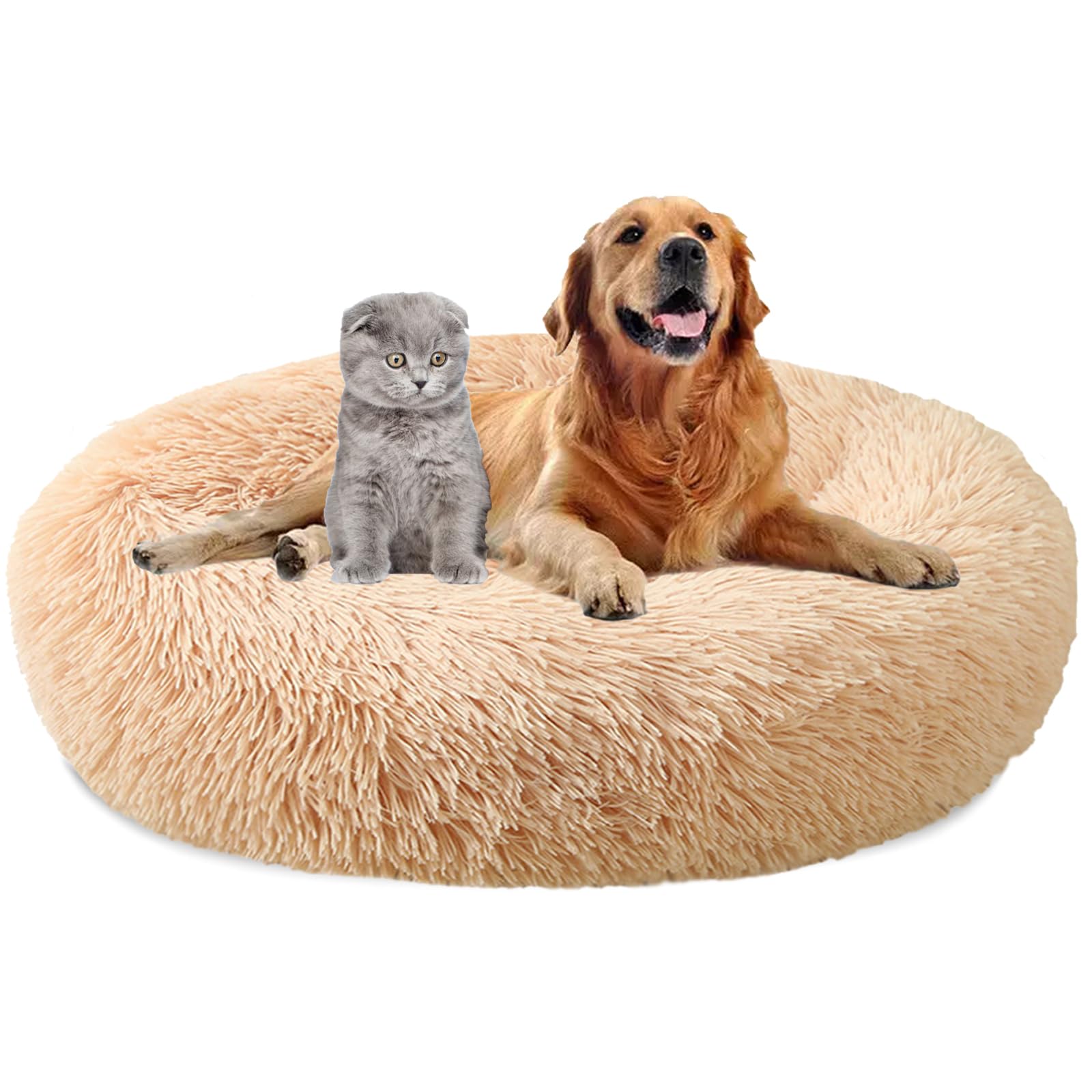 MAIFENGL Calming Dog Bed Plush Donut Pet Bed, Fluffy Washable Non-Slip Plush Cuddler Warming Round Dog Cat Bed- Apricot|| Ø120cm/47in