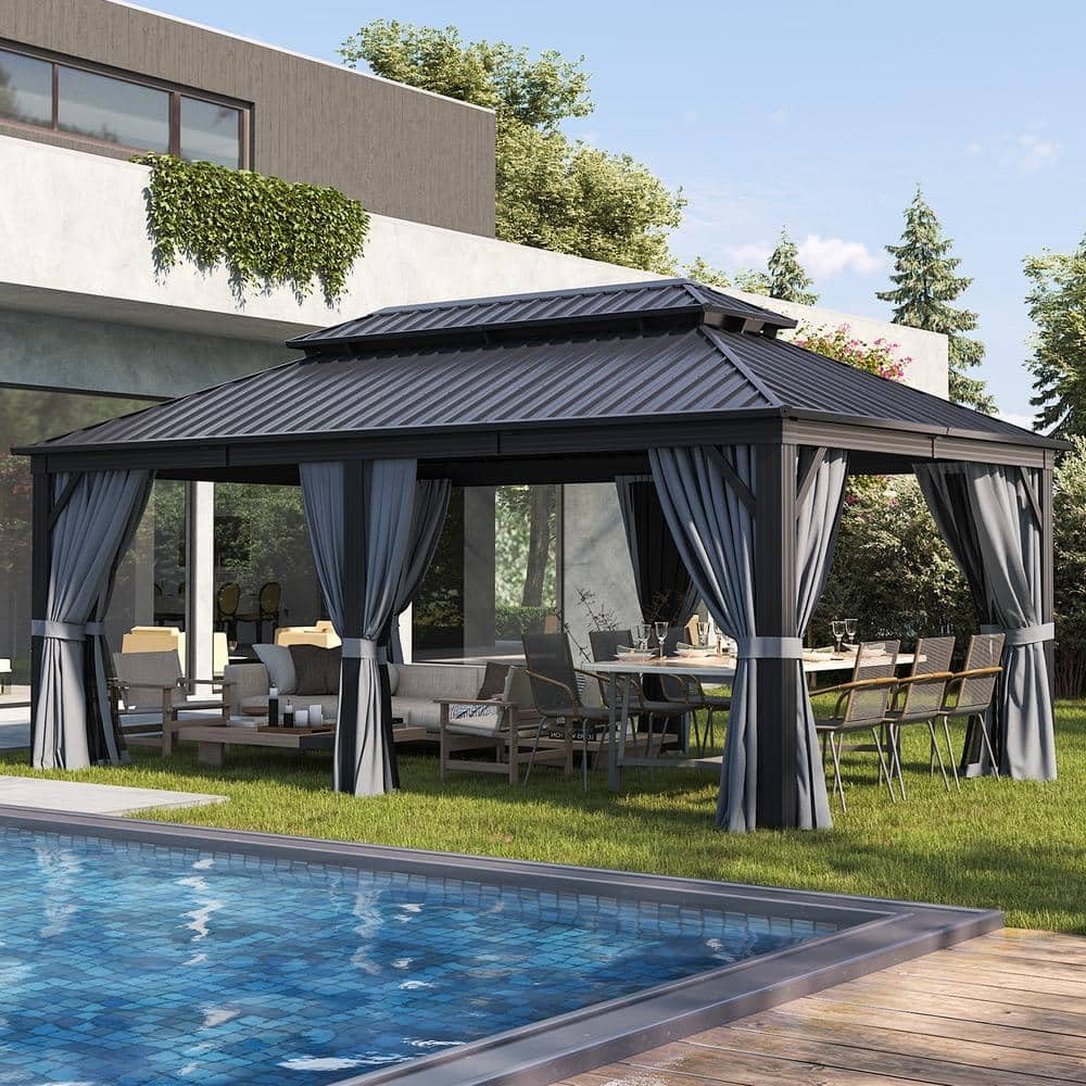 oneinmil Hardtop Gazebo, 12' X 20' Galvanized Steel Double Roof, Aluminum Metal Gazebo with Curtains and Netting, Permanent Gazebo Pavilion for Gardens, Decks, Patios ( Box 5/5 Incomplete)