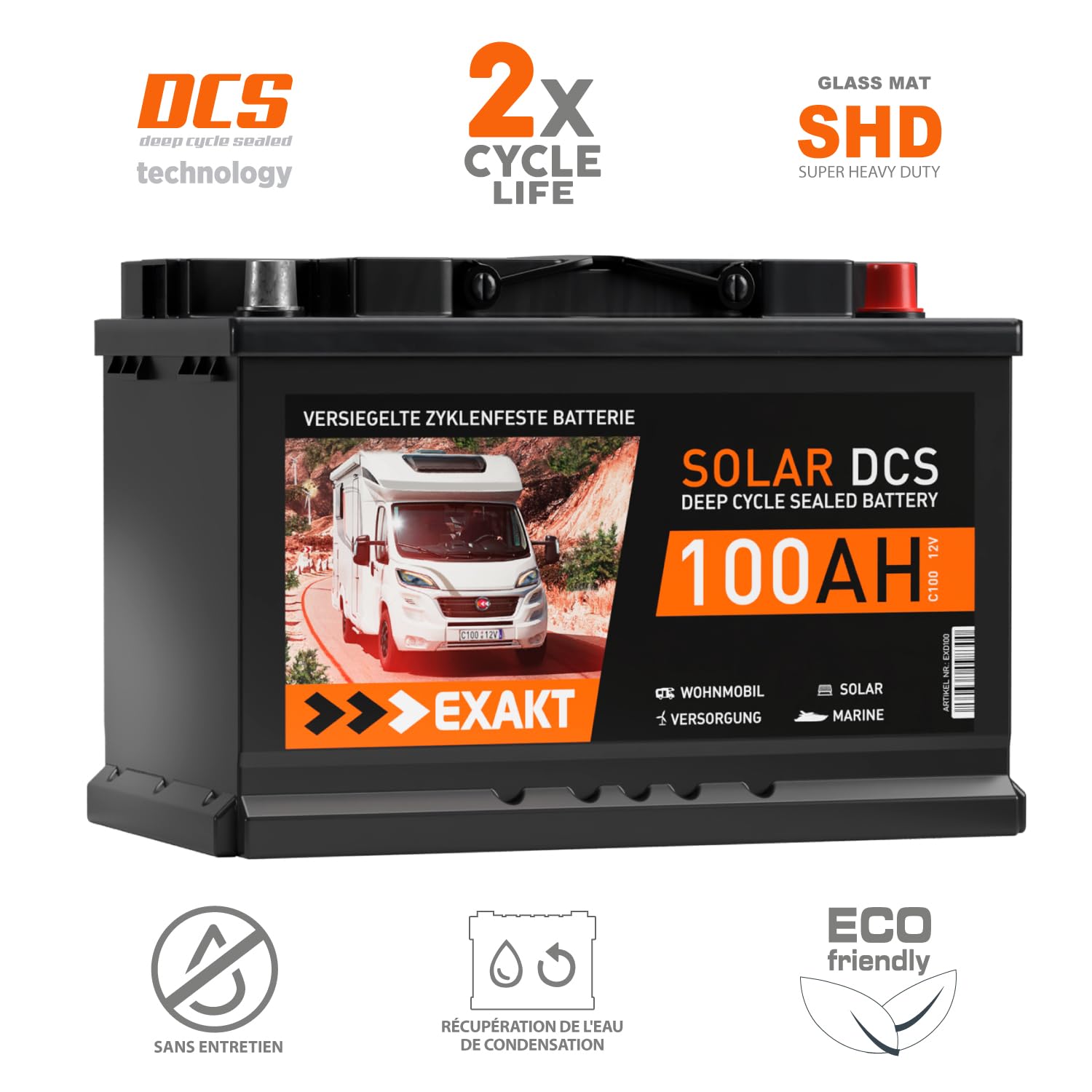 EXAKT batterie camping car 12V 100Ah caravane solaire bateau décharge lente