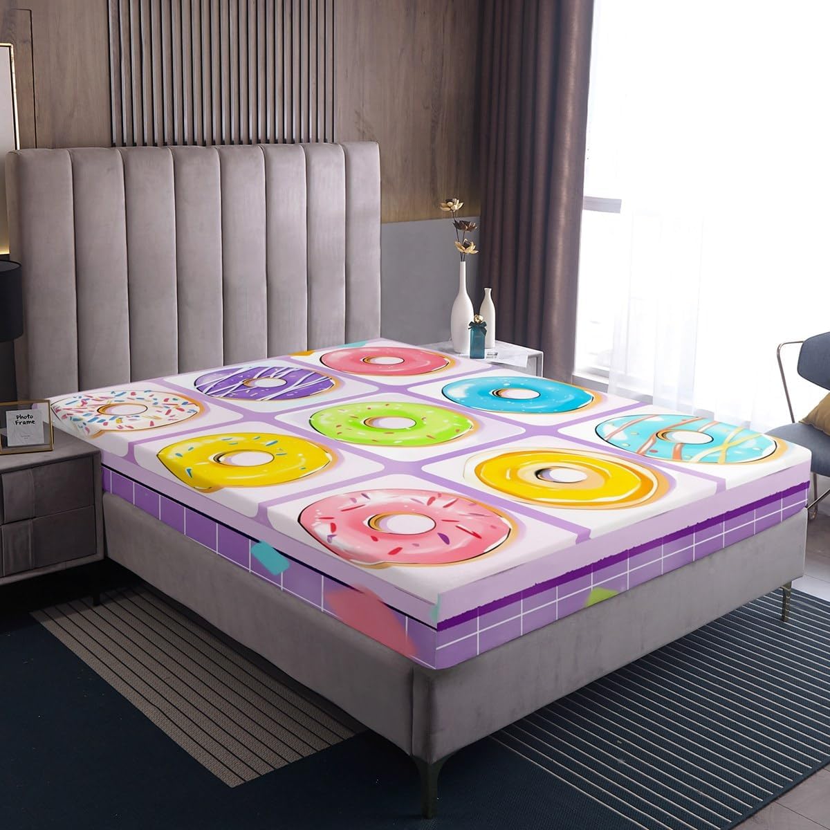Girls Doughnut Bed Sheets Cute Sweet Dessert Fitted Sheet Full for Kids Boys Teens,Purple Geometric Patchwork Sheets Colorful Doughnuts Bed Set,Cute Room Decor Aesthetic