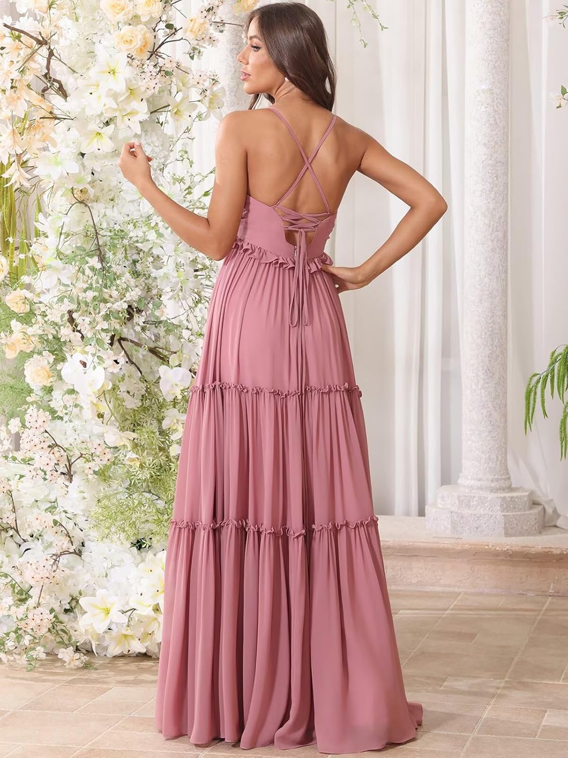 Xijun Tiered Chiffon Bridesmaid Dresses for Women Long V Neck Spaghetti Straps Formal Dress Evening Party Gown - Image 4