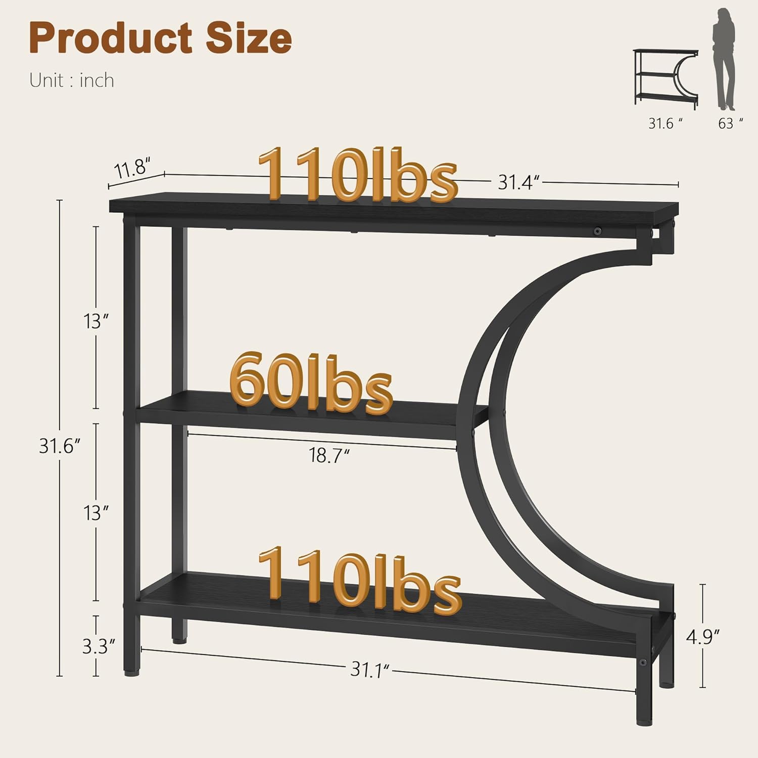 Hoctieon Console Table Set of 2, 3-Tier Industrial Entryway Table with Storage, Hallway Tables, Narrow Entrance Sofa Tables, Metal Frame, Accent Tables with Shelves for Living Room, Foyer, Black