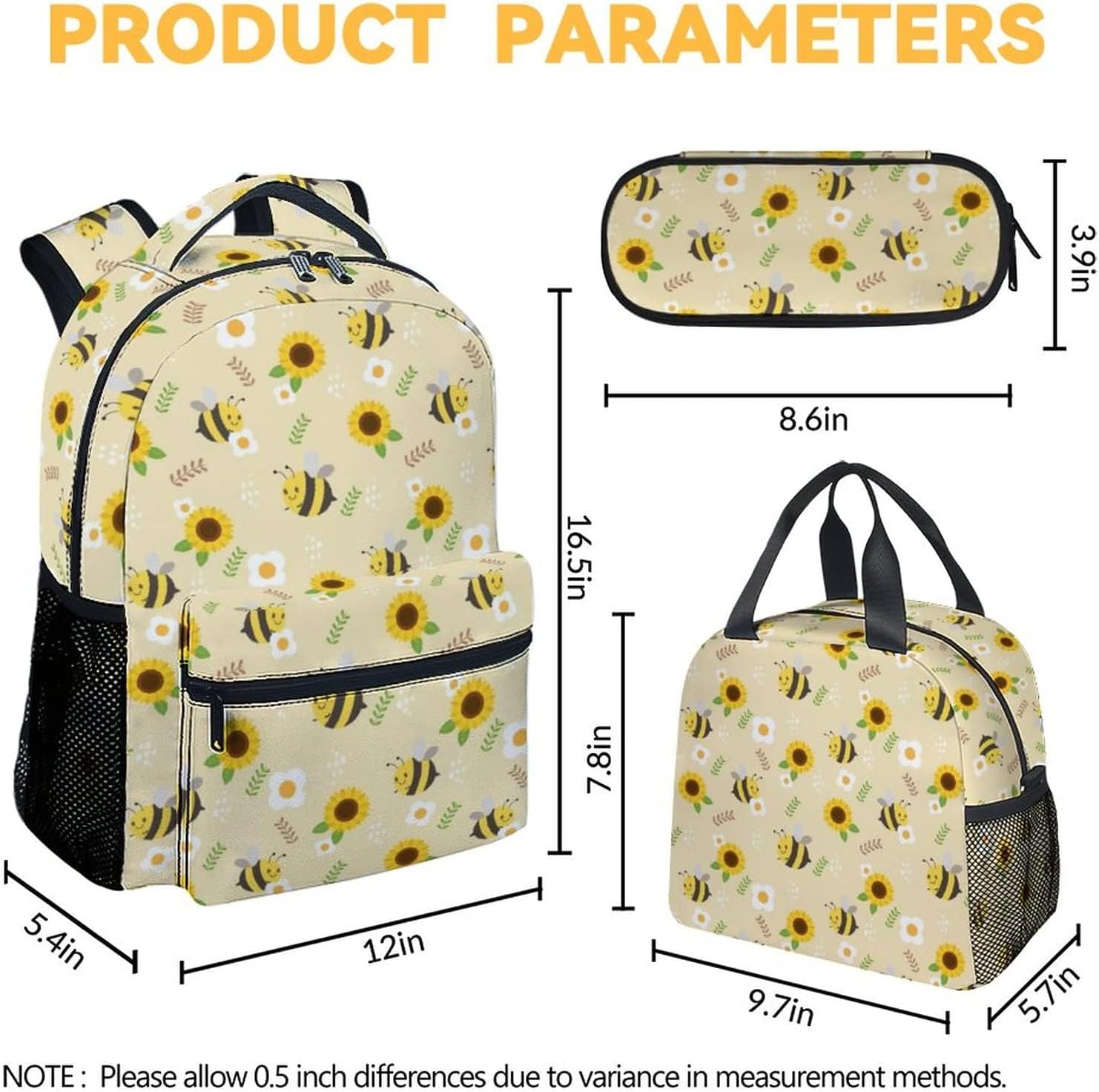 Bee Backpack with Lunch Box And Pencil Case, Set of 3 Cute Bookbag for Girls Boys, Lightweight Large Capacity School Bag