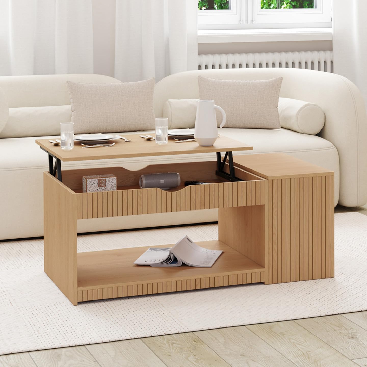 IDMarket - Table Basse Plateau relevable rectangulaire Juliette avec Coffre Lattes tasseau Bois Coloris chêne