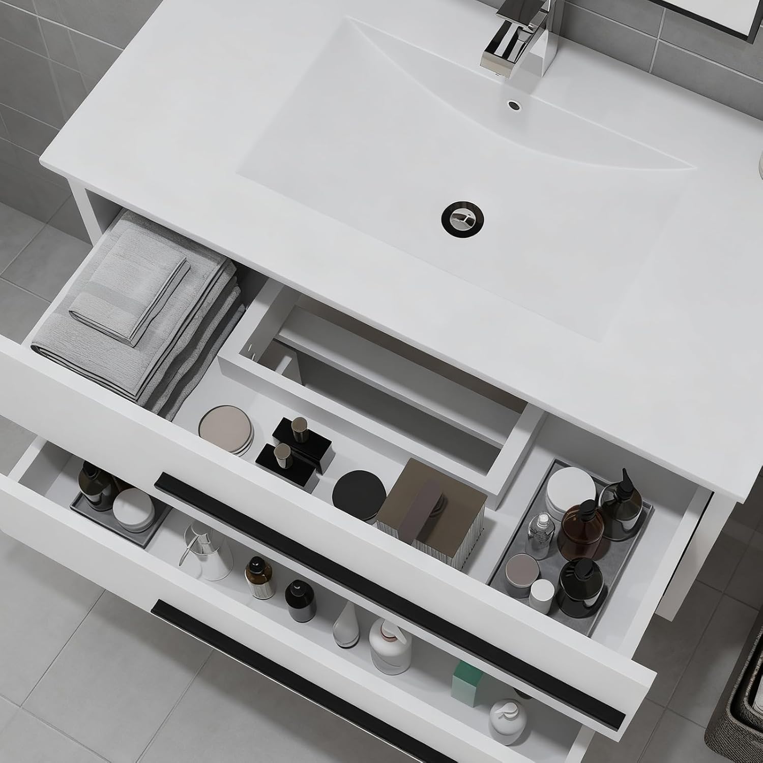 36 inch Floating Bathroom Vanity with Sink, Space Saving Fluted Design for Small Bathrooms, Soft Closing Drawers & Black Handles White