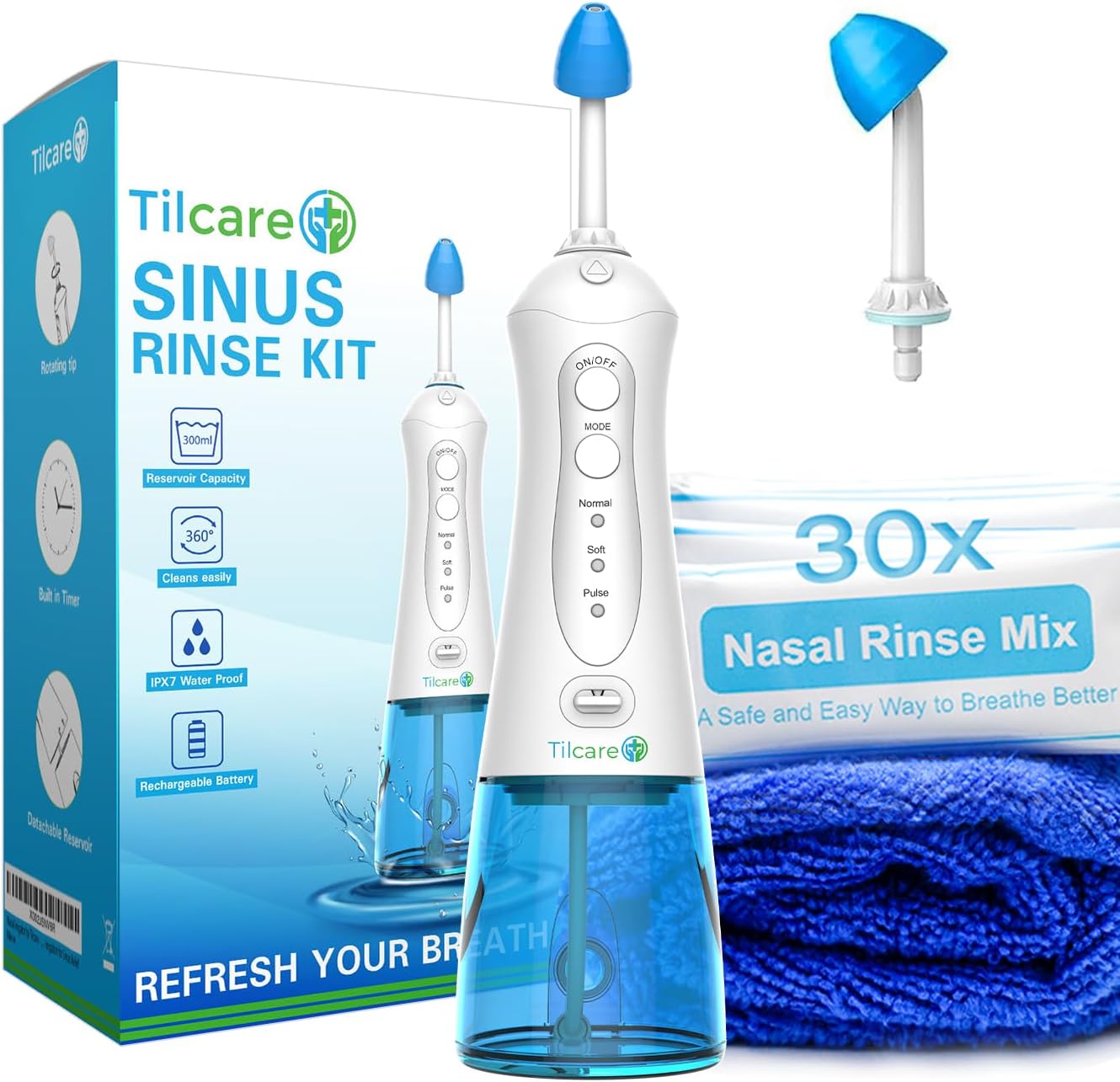 Sinus Rinse Kit by Tilcare - Perfect Nasal Rinse Machine for Sinus & Allergy Relief - Electric Neti Pot for Nasal Irrigation That Will Cleanse Your stuffy Nose - Comes with a Towel and 30 Salt Packs