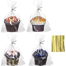ROSPAKTEK 100 Pcs 5x6.5 Cellophane Muffin Bags with Gold Twist Ties Commercial-Grade Flat-Bottom Design for Cupcakes, Cookies & Pastries Fits Macarons/Chocolates/Strawberries Reusable