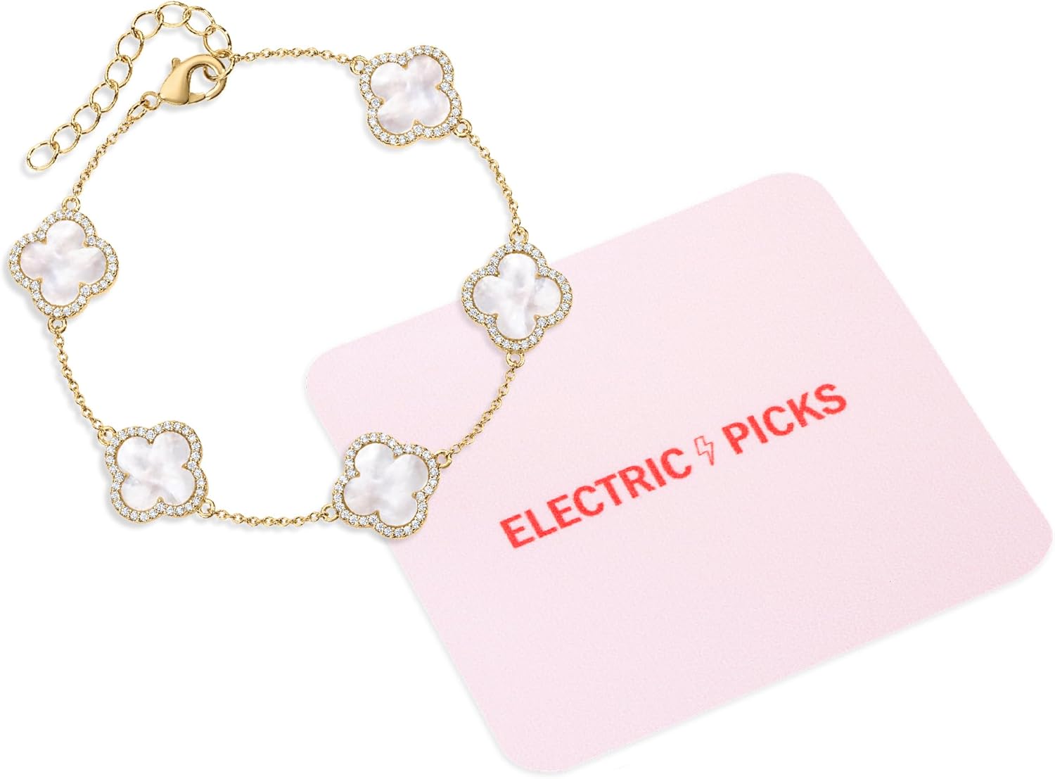 Electric Picks Icon Bracelet for Women, 14k Gold Plated Clover Charm Chain Bracelet, Adjustable 6"–7.5", Stackable Everyday Jewelry, Minimalist Gold Bracelet Gift