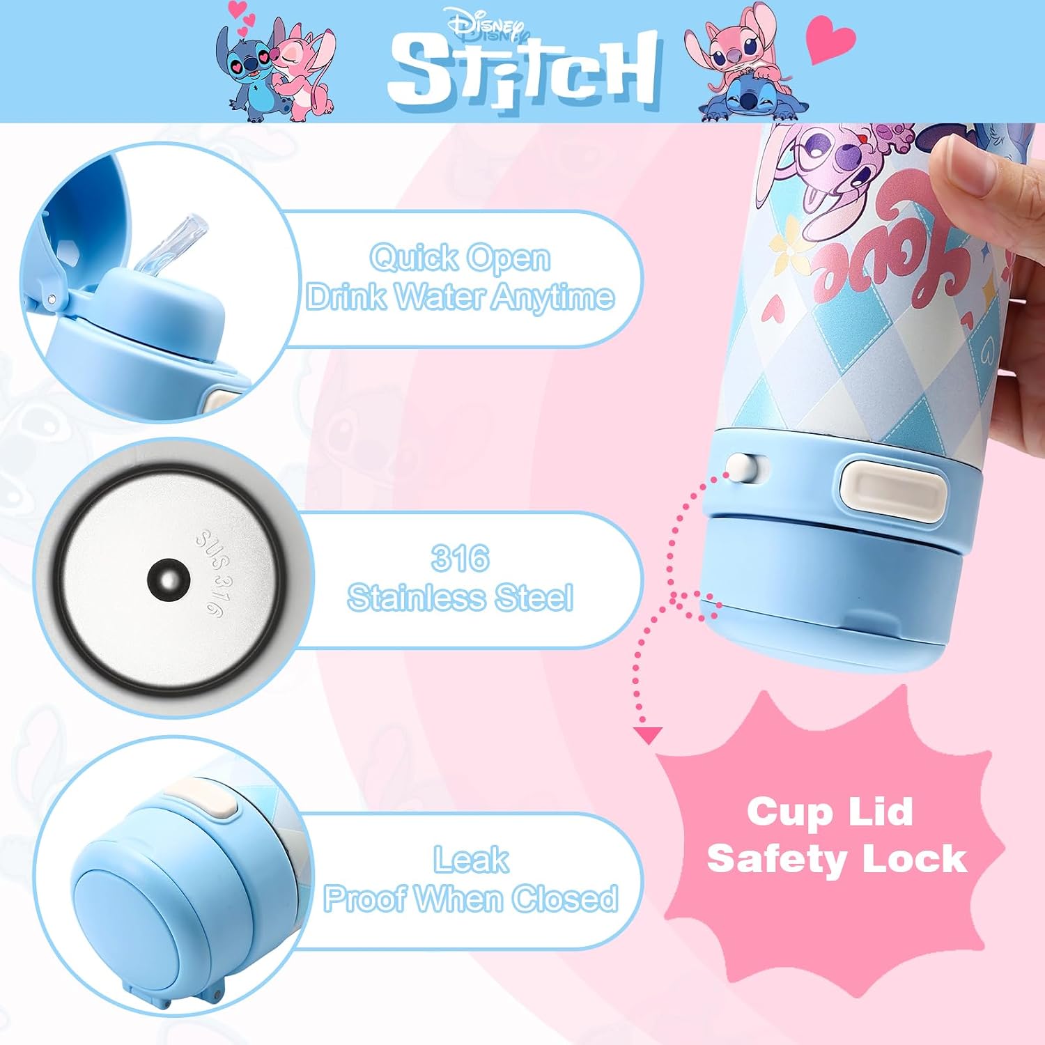 MINISO Disney Stitch Insulated Water Bottle,Stainless Steel Double Wall Vacuum Cartoon Water Bottle, Double Drinking Pop-Up Lid with Straw & Spout, Leak Proof Portable Travel Cup (blue-stitch A)