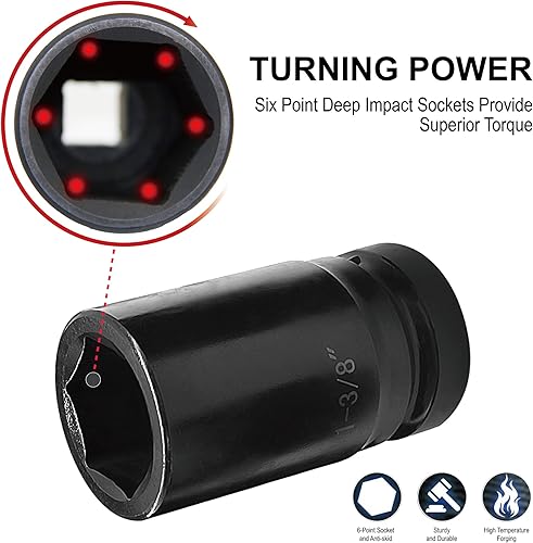 Miniatura 5 de Juego de llaves de vaso de impacto profundo de 1 pulgada, 9 piezas Jumbo Impact Socket Set, SAE 1" a 2", acero cromado, diseño de 6 puntos, caja de