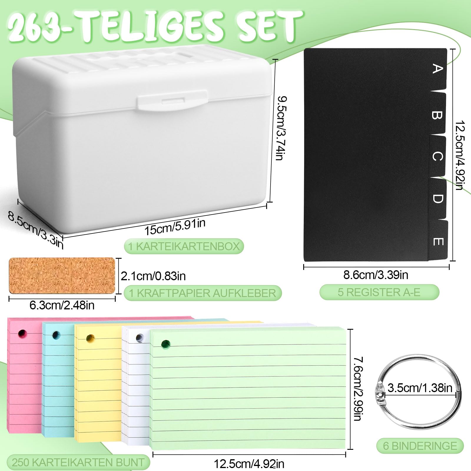 Set Schedario Portatile Con 250 Schede Colorate - Organizzatore Per Appunti, Studio E Ufficio 15x9.5x8.5 Cm