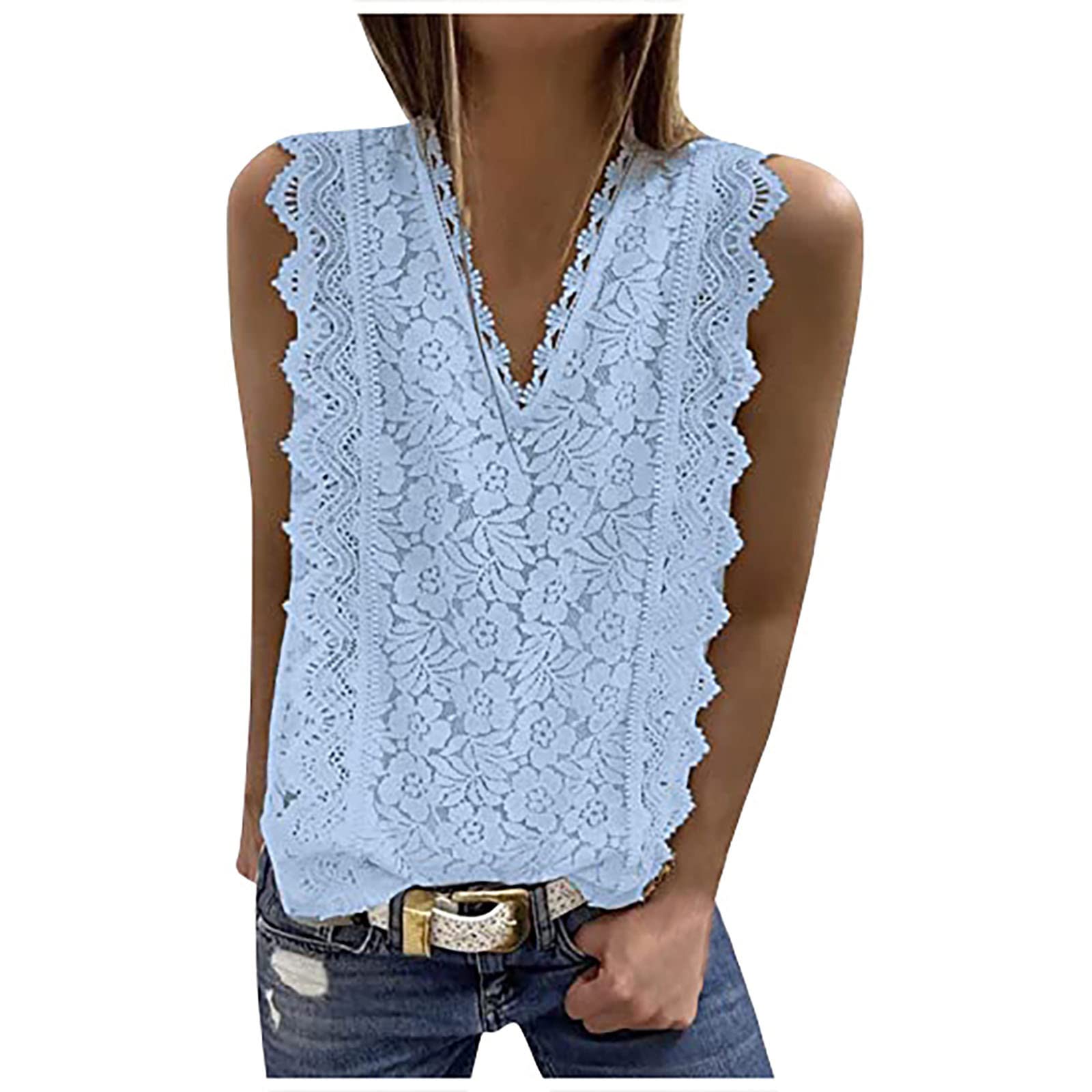 GenericWomen's Fashion Lace Sleeveless Lace Shirt Solid Colour V-Neck Top T-Shirt Sleeve Neck Tunic Long Tunic Tops Crewneck Printed Casual Fitted T-Shirt Fall Long Shirts Neck Neck Blouse Lace