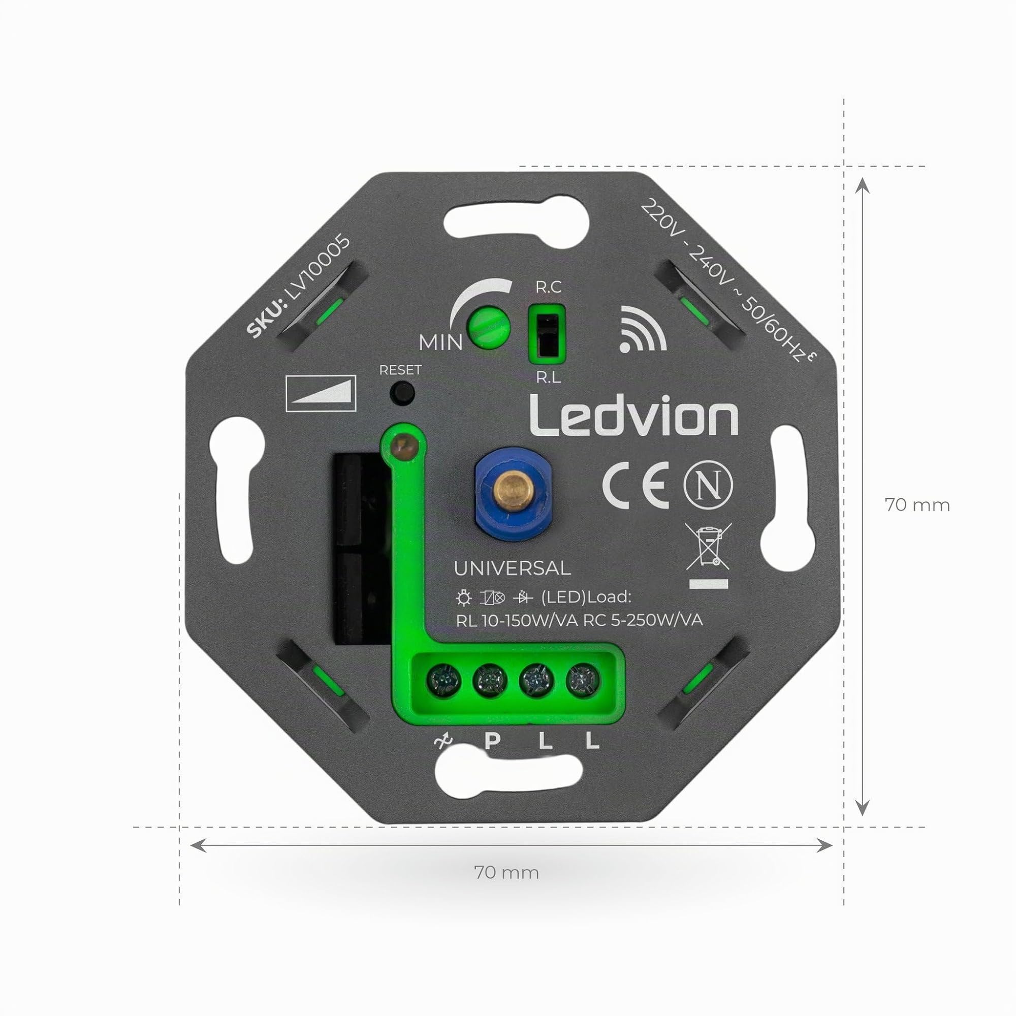 Ledvion - Interruttore Intelligente LED, LED 5-250W, Senza Copertura, Taglio di Fase, Dimmer Rotativo da Incasso, Variatore Rotativo LED