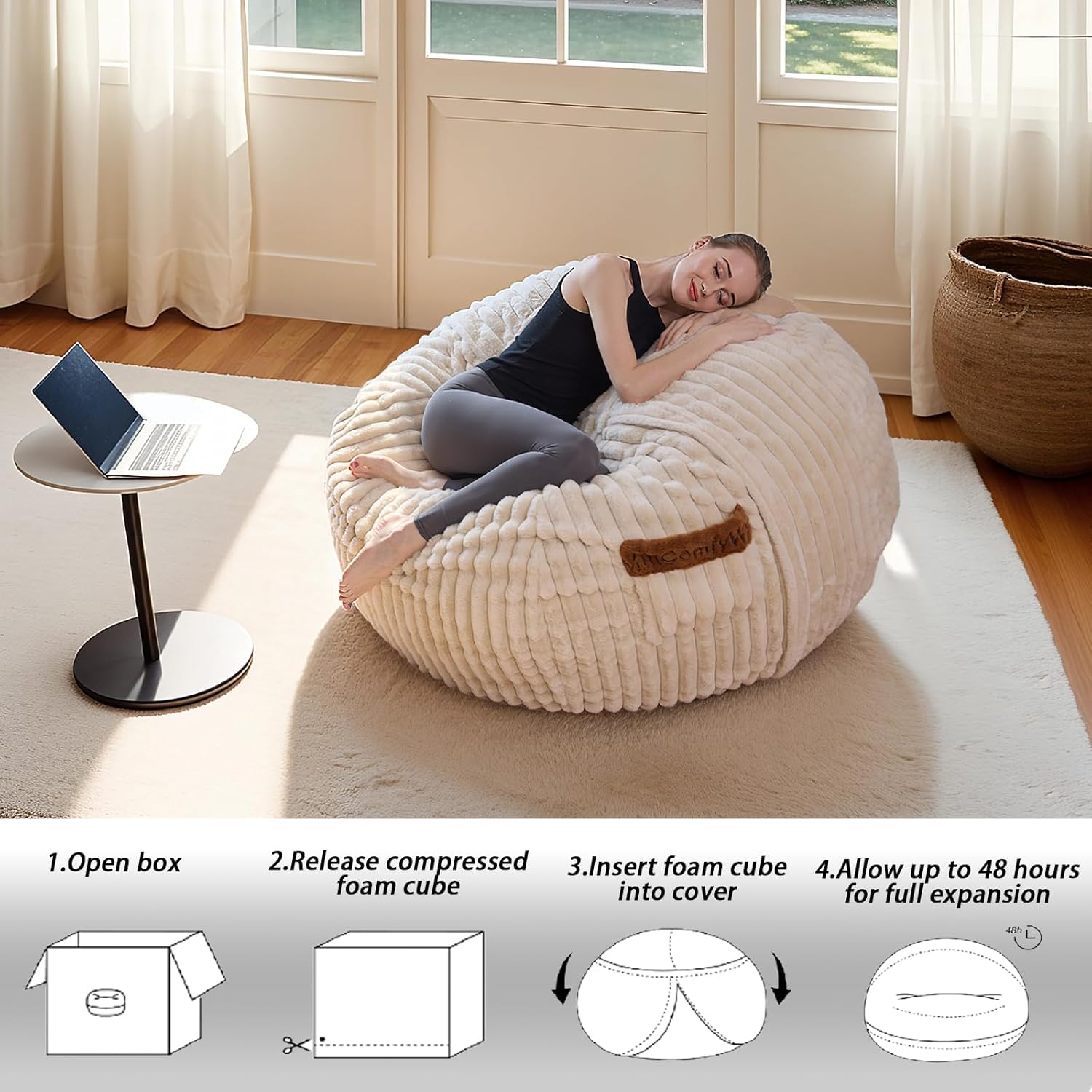 4ft Bean Bags Chair for Adults, Giant Beanbag Chair with Memory Foam Filled, Soft Comfy Large Bean Bag Couch Big Sofa Bed for Living Room Bedroom (Beige)