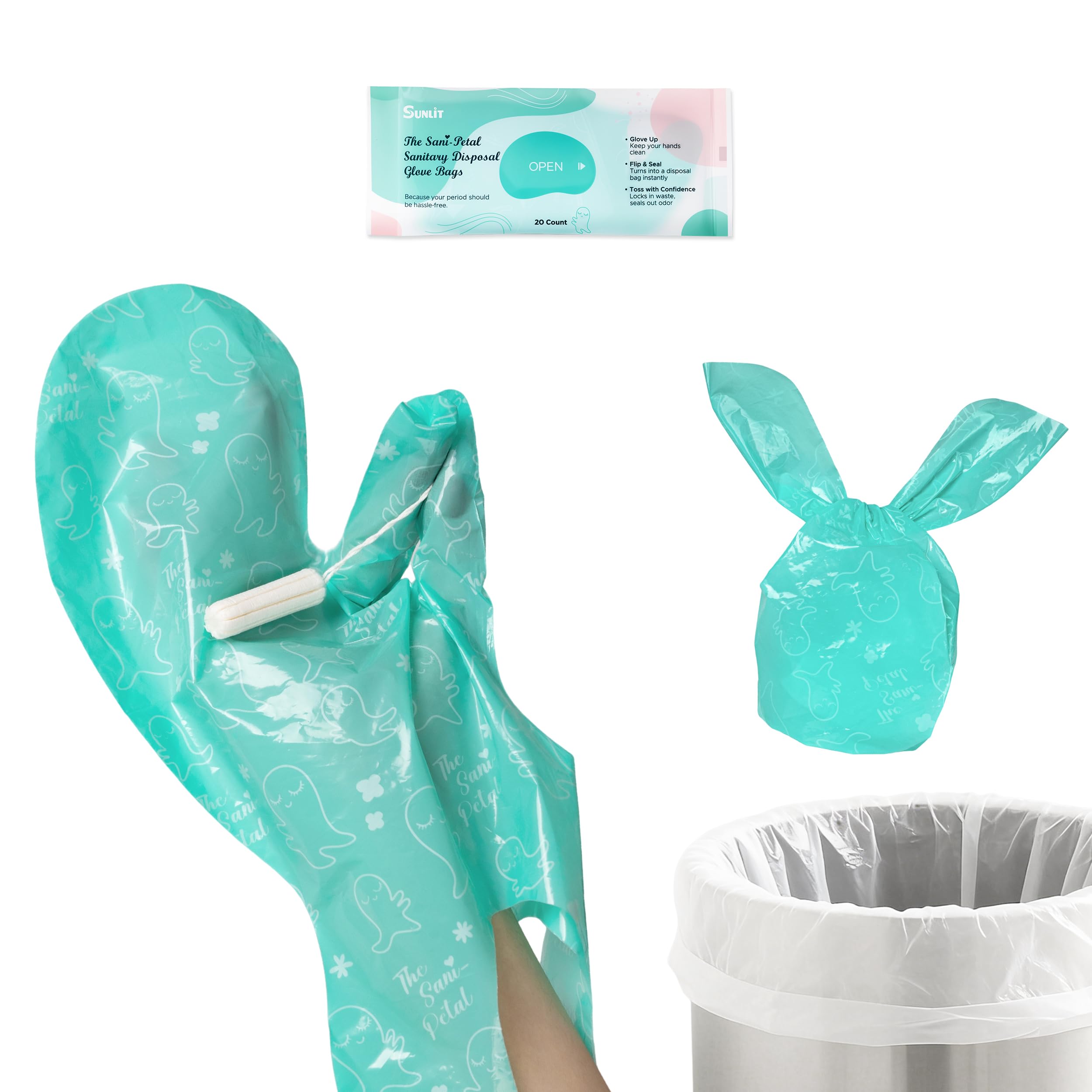 Sunlit No-Touch Feminine Hygiene Disposal Bags, Hygienic Odor-Reducing and Discreet Solution for Tampons Pads Liners and More, Size L - 20 Count