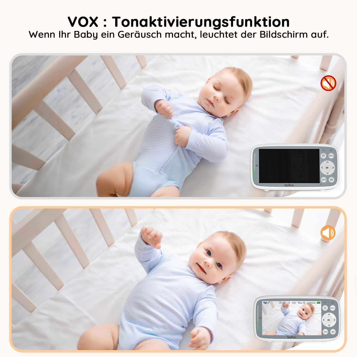 BOIFUN Babyphone mit Kamera, 4 Zoll 720P Monitor, Ohne WLAN, Nachtsicht, 10 Stunden Akkulaufzeit, 2 Wege Audio, Schallerkennung, Temperaturerkennung, 3X Zoom, Schlaflieder Weiß Babyphone mit 1 Kamera