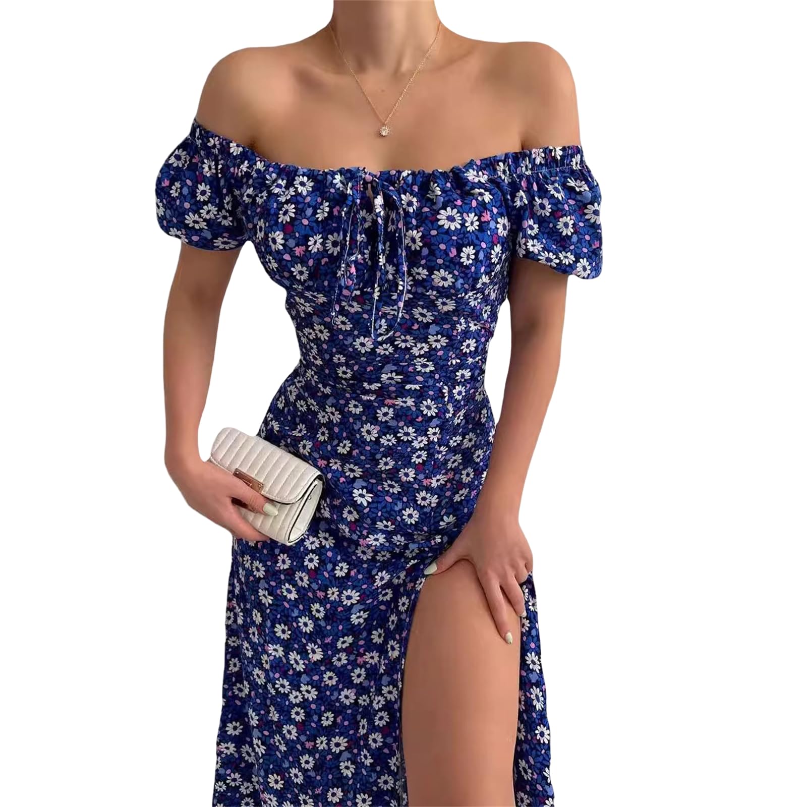 Vestidos de Verano Vestidos Femeninos Elegantes Vestidos de Hombro Y Espalda Abiertos Cintura de Verano Vestidos Largos Vestidos de Manga Corta Envueltos en Caderas Fiesta, HUTALIM, Azul, XL