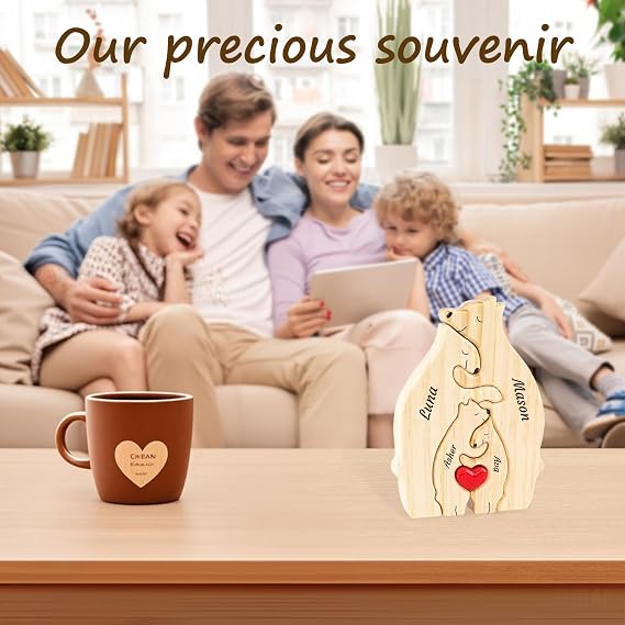 Personalized Wooden Name Puzzle Hugging Bears Family Puzzle with Names Fathers Day Home Decor Custom Mom/Dad/Family Members, Bear DecorBirthday Present (4 Bears)