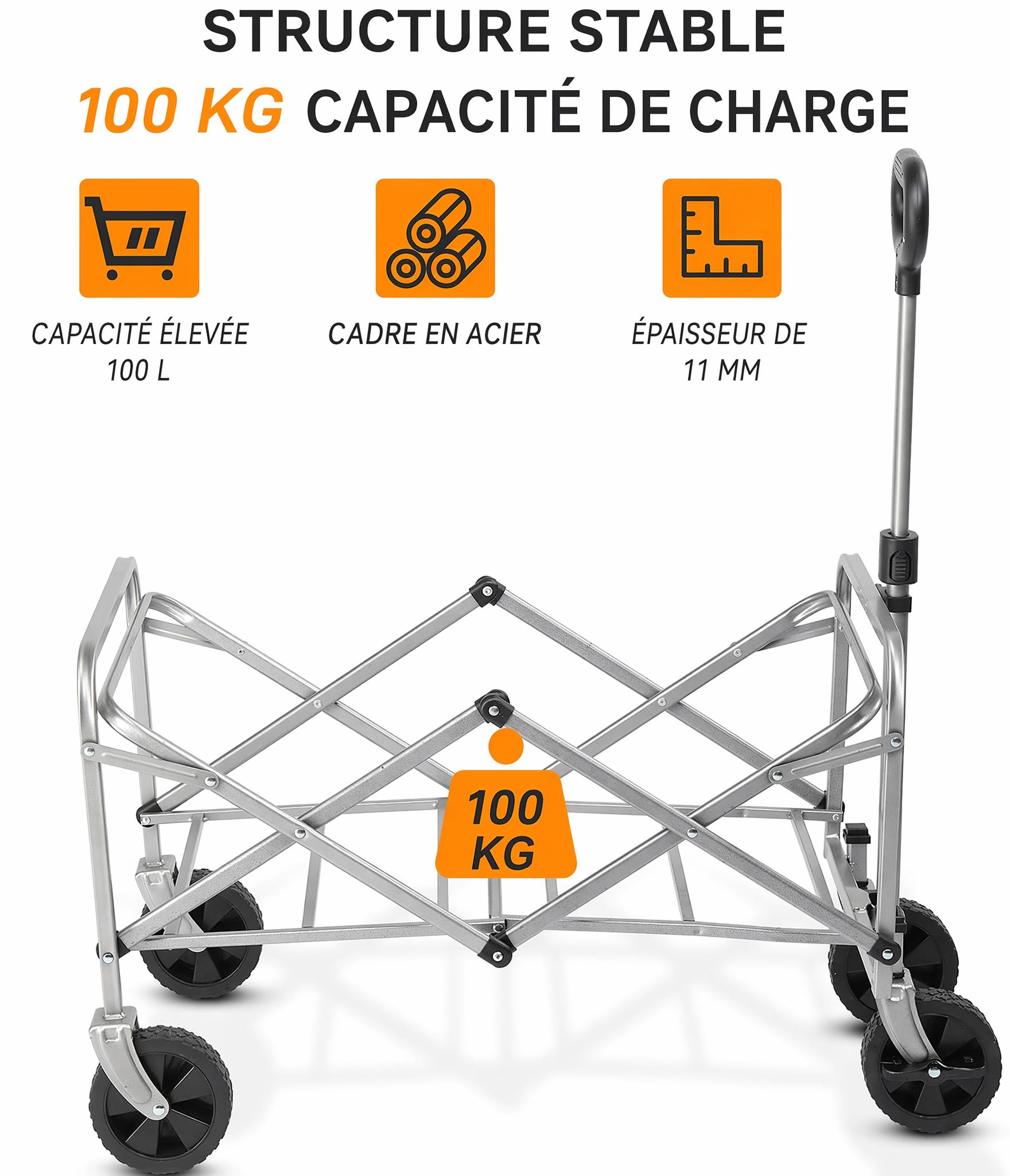 LEADZM Chariot Pliable, Chariot à roulettes avec Jusqu’à 100KG, Petit et léger, pour Transport, Extérieur Camping, Jardin, Festival, Noir argenté