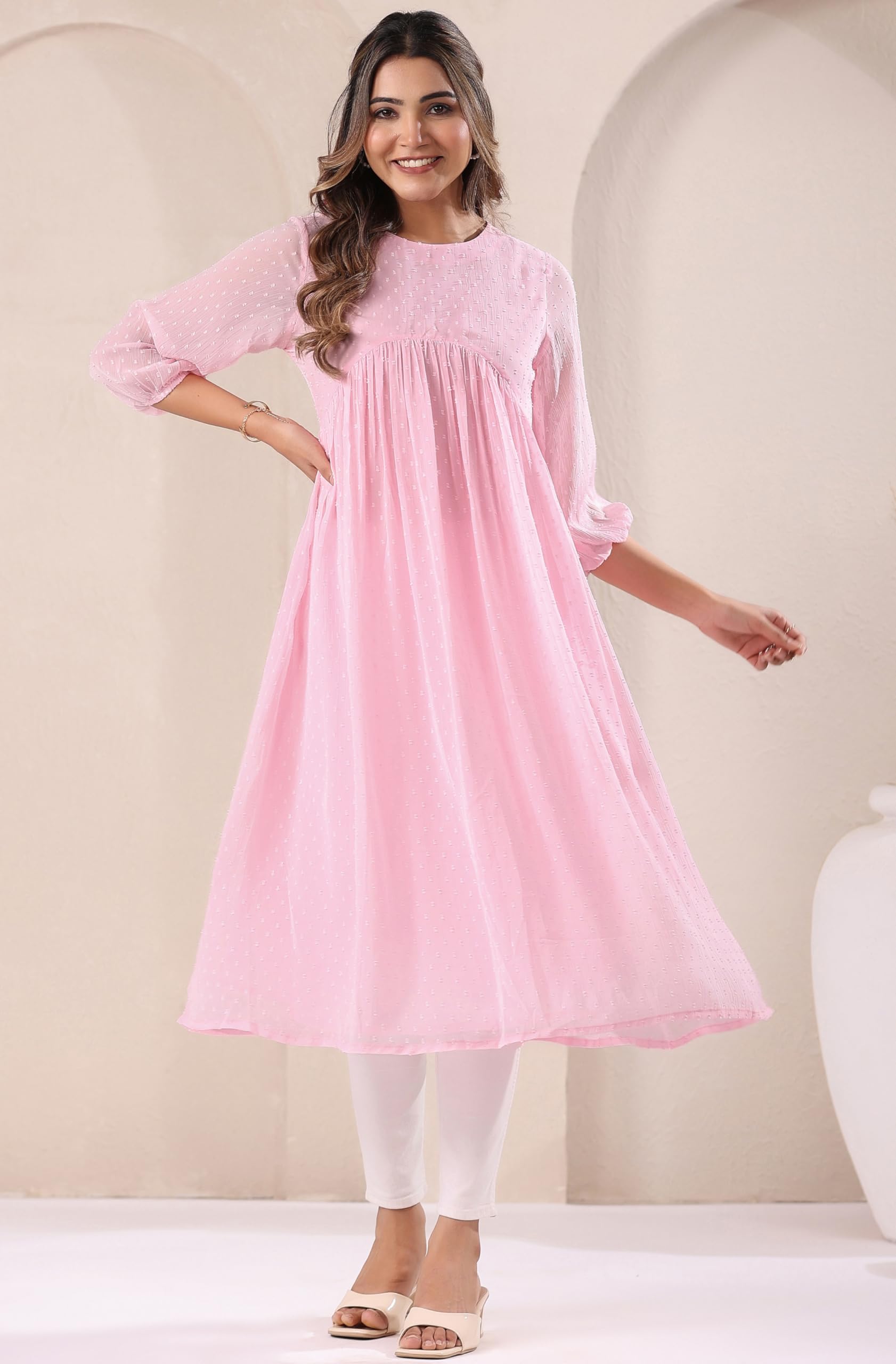 Janasya Women's Baby Pink Dobby Chiffon Self Design A-Line Kurta