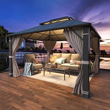 YOLENY 10 x 12 Hardtop Gazebo, Permanent Outdoor Aluminum Patio Gazebo with Aluminum Composite Double Roof for Patio Lawn and Garden, Curtains and Netting Included