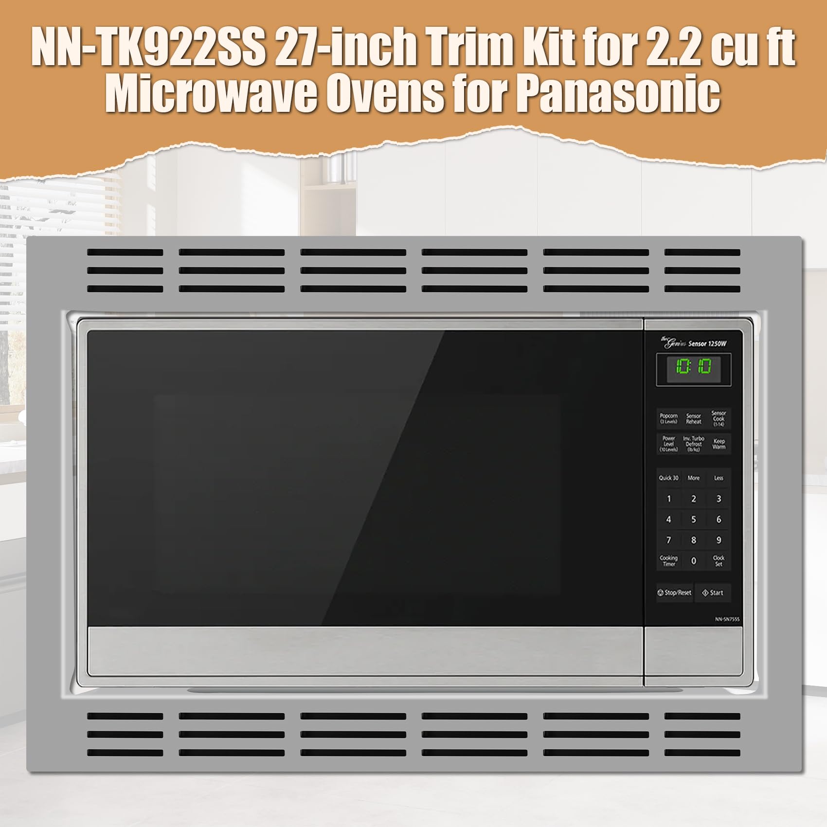 Condition photo showing New/Like New for nn-tk922ss 27-inch trim kit for use with panasonic microwave ovens, for 2.2 cubic feet microwave oven, built-in stainless steel 27" microwave trim kit