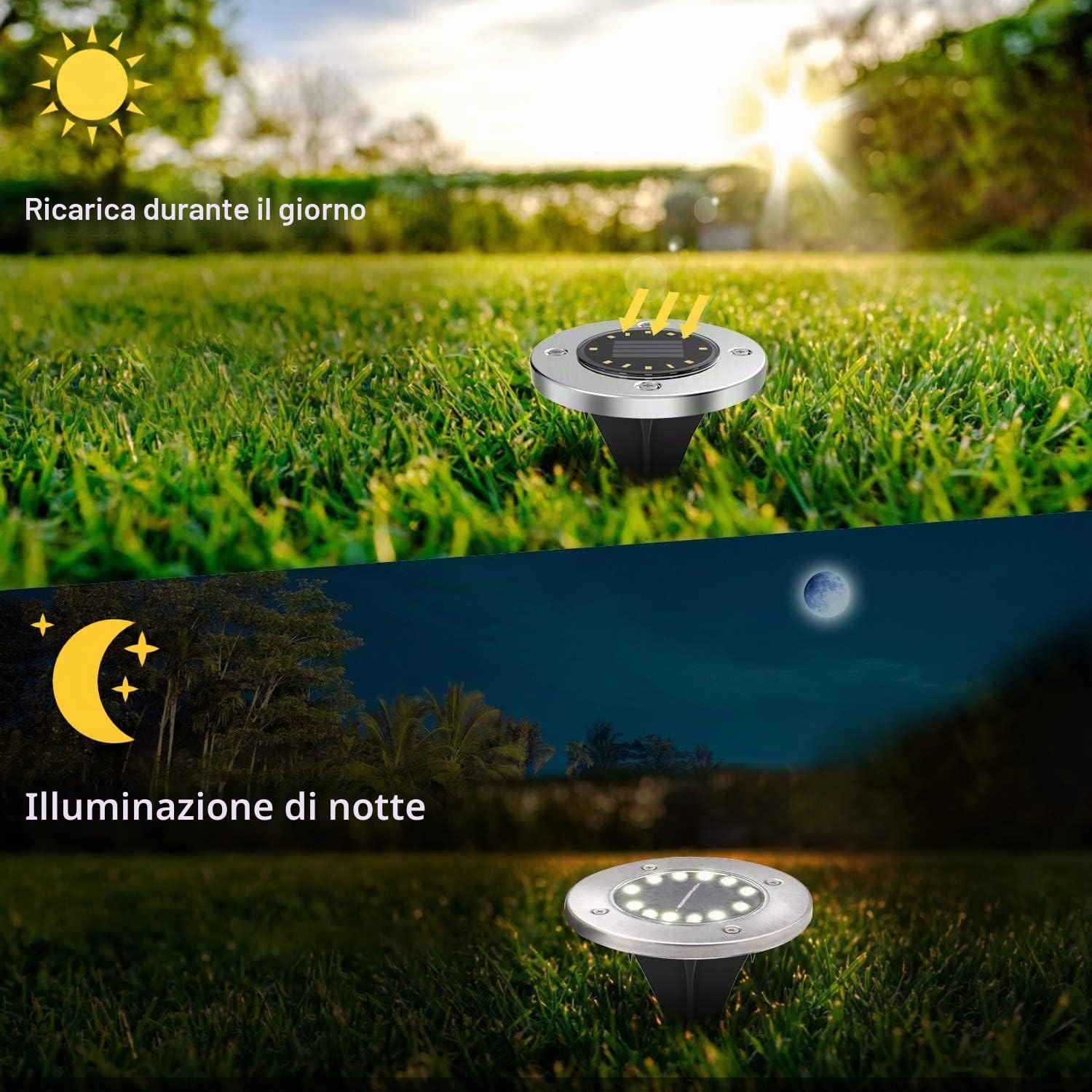Lampade Solari da Giardino,12 LED Lampada Solare da Esterno,Luce Solare LED Esterno IP65 Impermeabile,Bianco Freddo,Faretti Solari a Led da Esterno per Prato,Giardino,Paesaggio,Scala(8 Pezzi)