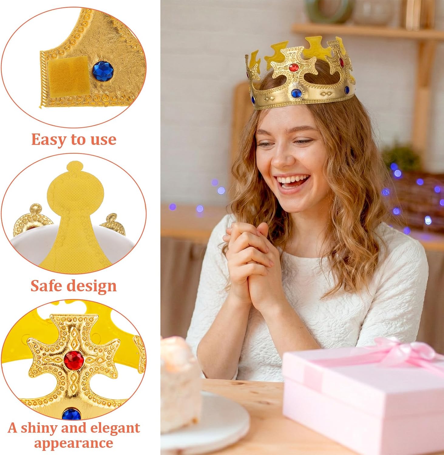 Jeffdad 6 Pcs Birthday King Crowns, Gold Prince and Princess Crowns with Gem Design King and Queen Party Hats Birthday Headwear Photo Props for Birthdays Halloween Party Supplies