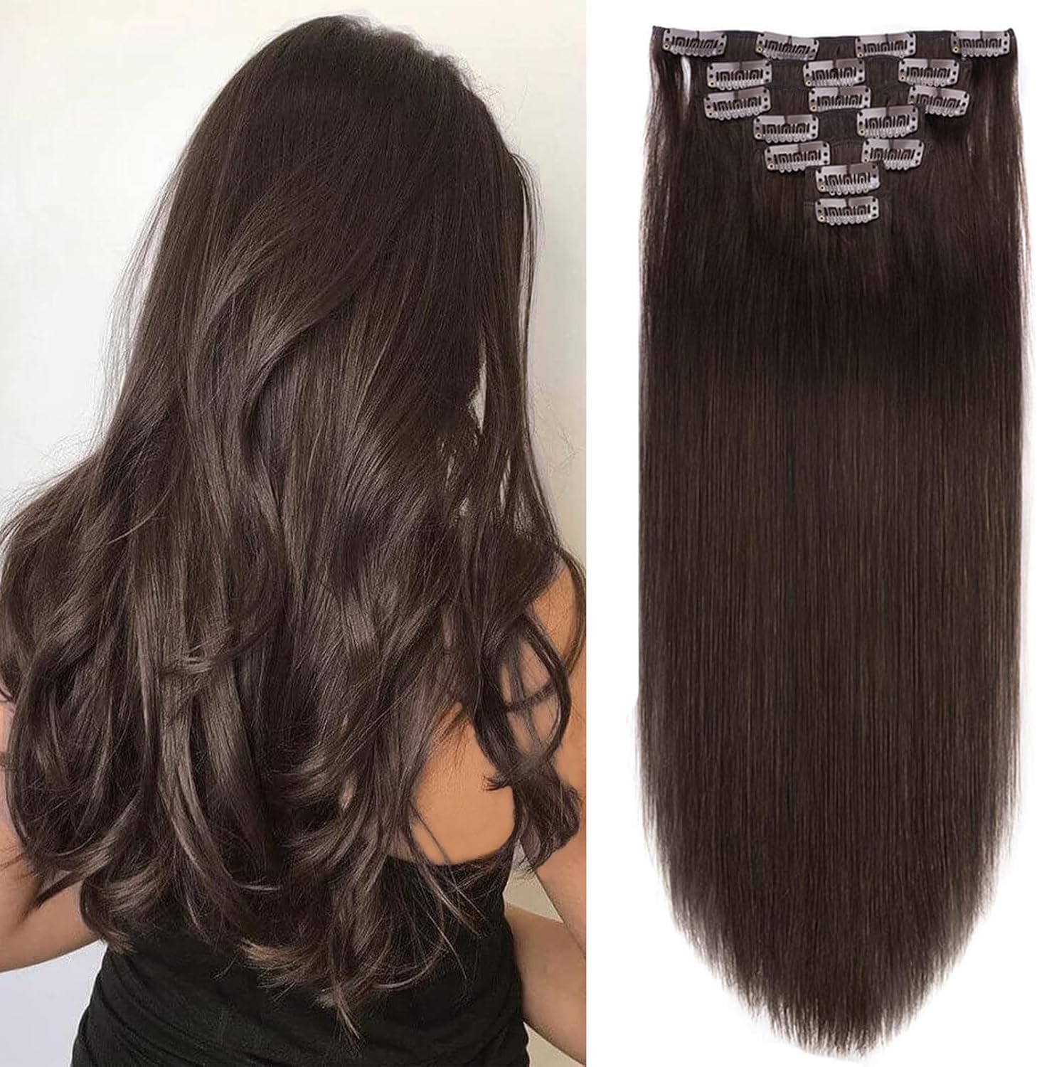 16 Inch Clip in Hair Extensions Real Human Hair 130g 7 Pieces 16 Clips #2 Dark Brown Hair Extensions Double Weft Human Hair Clip in Extension for Women
